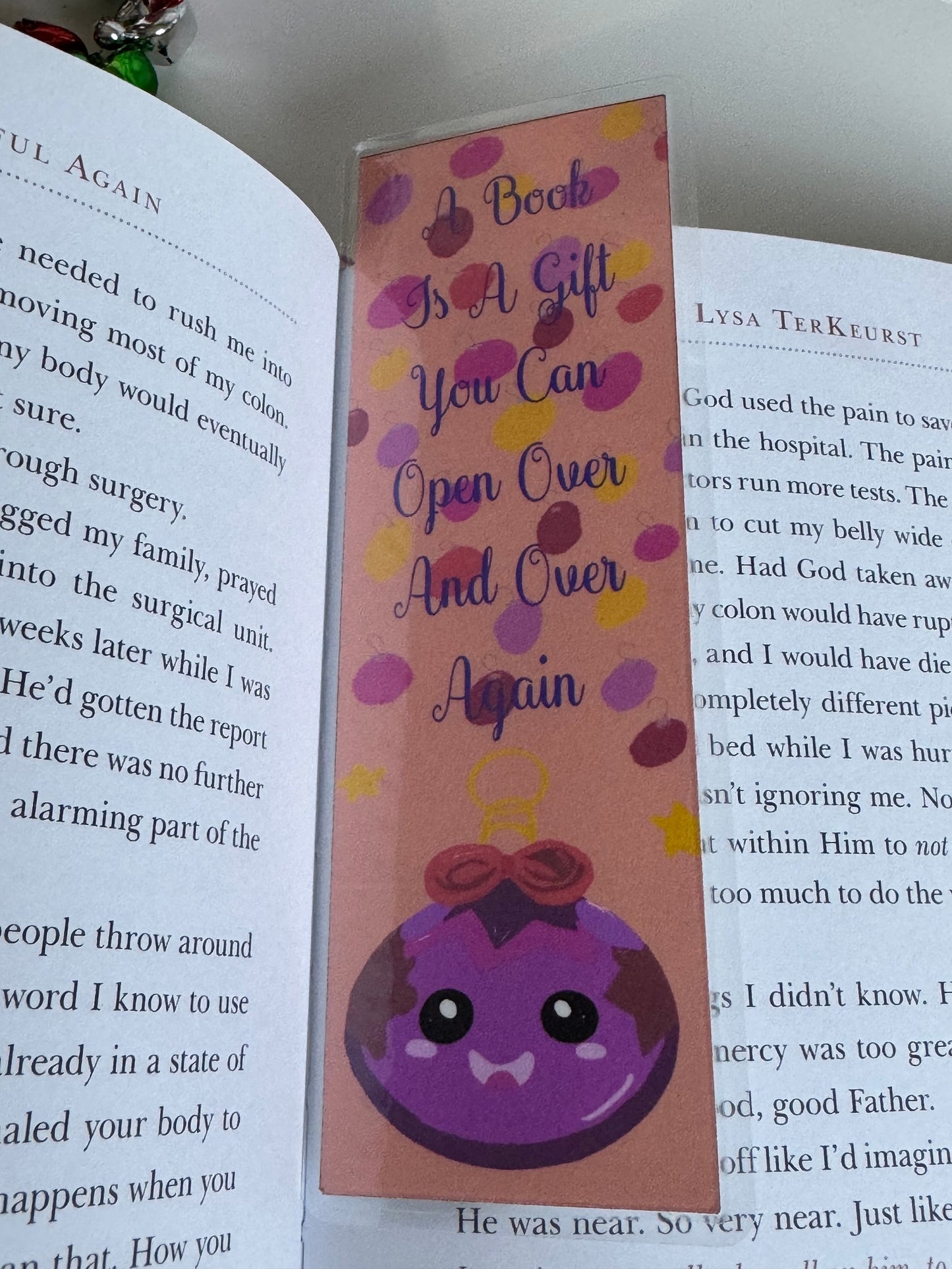 Cute Ornament Character Laminated Holiday Bookmark, Original Art, Cute Sayings and Quotes Page Saver