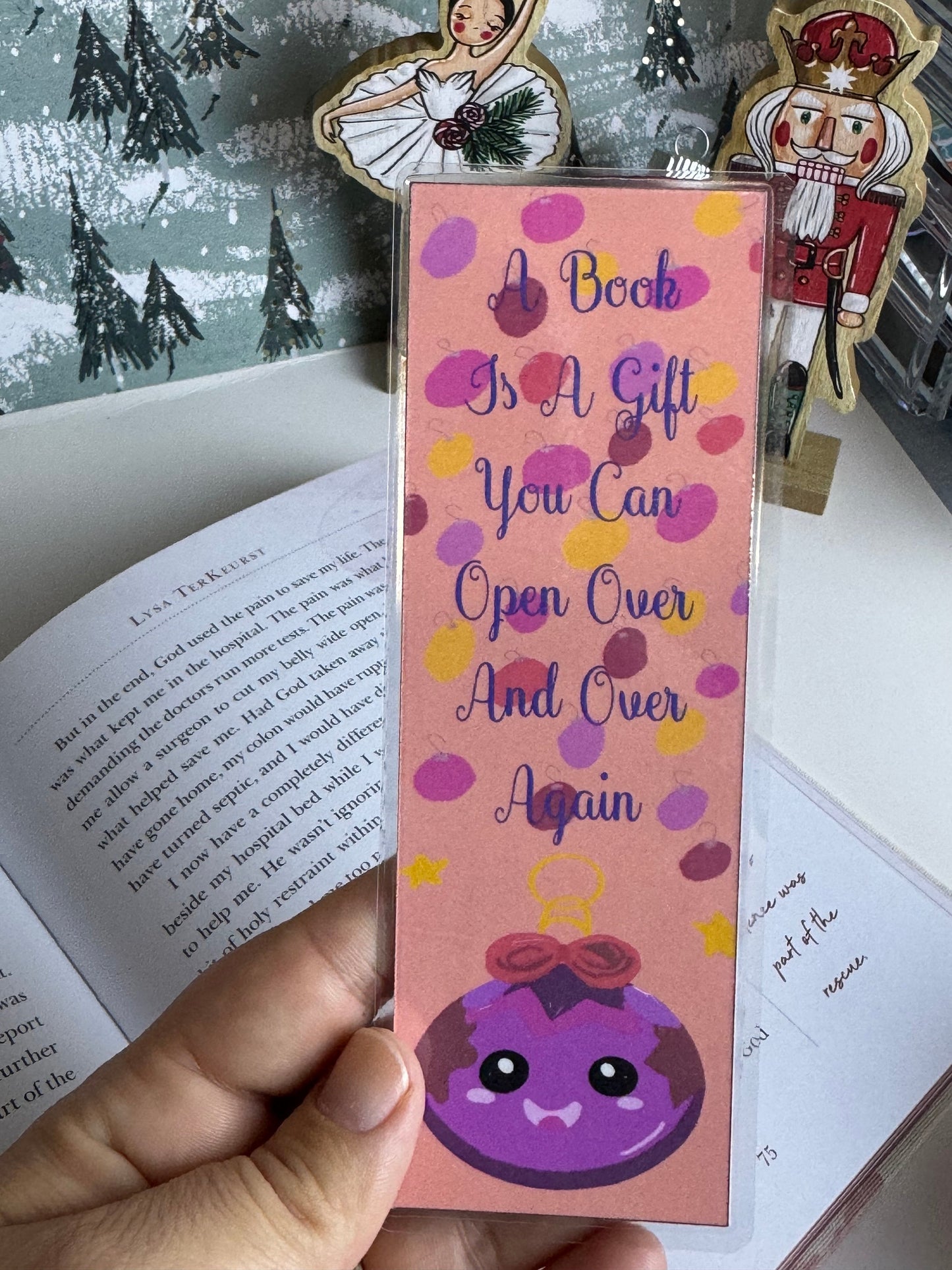 Cute Ornament Character Laminated Holiday Bookmark, Original Art, Cute Sayings and Quotes Page Saver