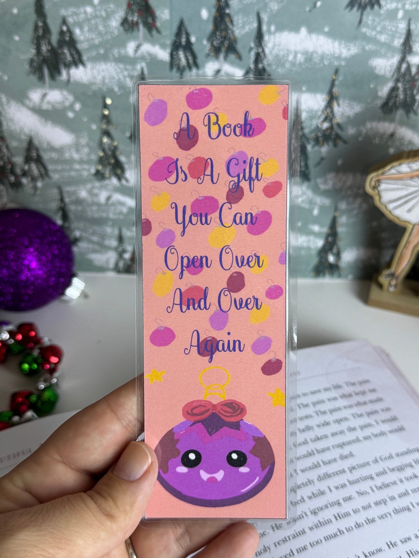 Cute Ornament Character Laminated Holiday Bookmark, Original Art, Cute Sayings and Quotes Page Saver