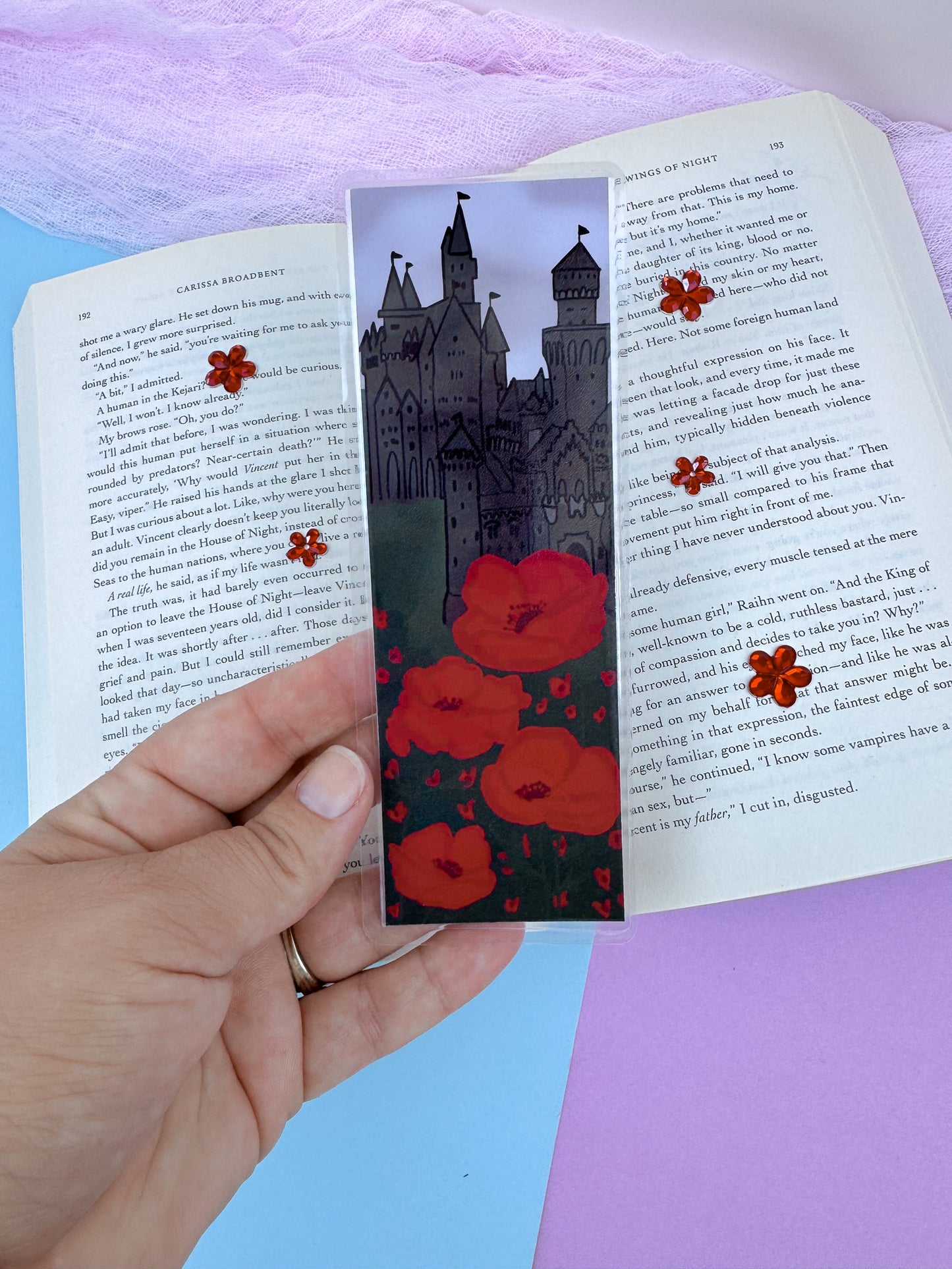 Fantasy Reader Laminated Bookmark: Dark Stormy Castle In A Field Of Red Poppies