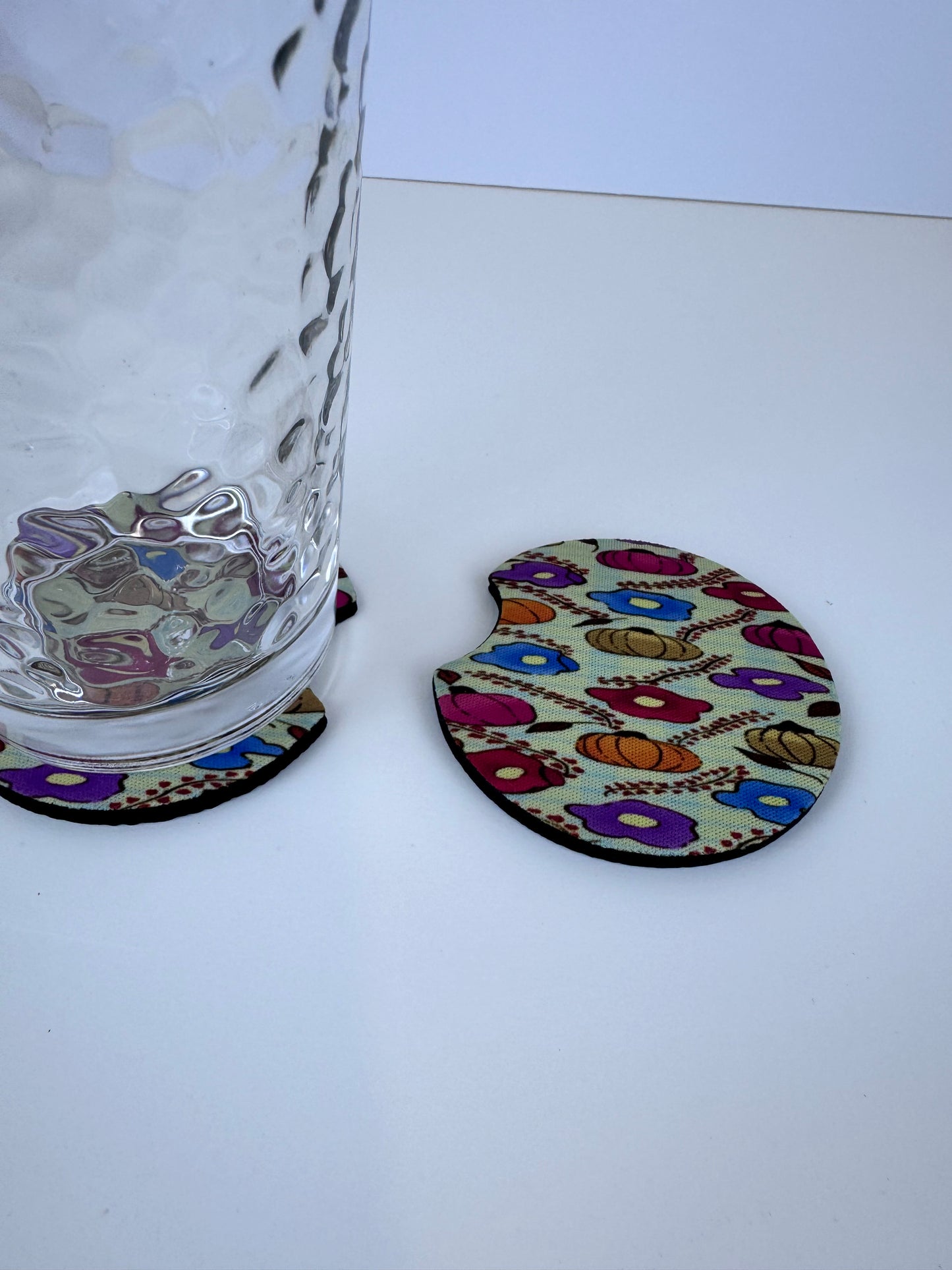 Pumpkin Floral Fall Design On A Round Neoprene Car Coaster, Set of 2, Hand Drawn Autumn Pattern