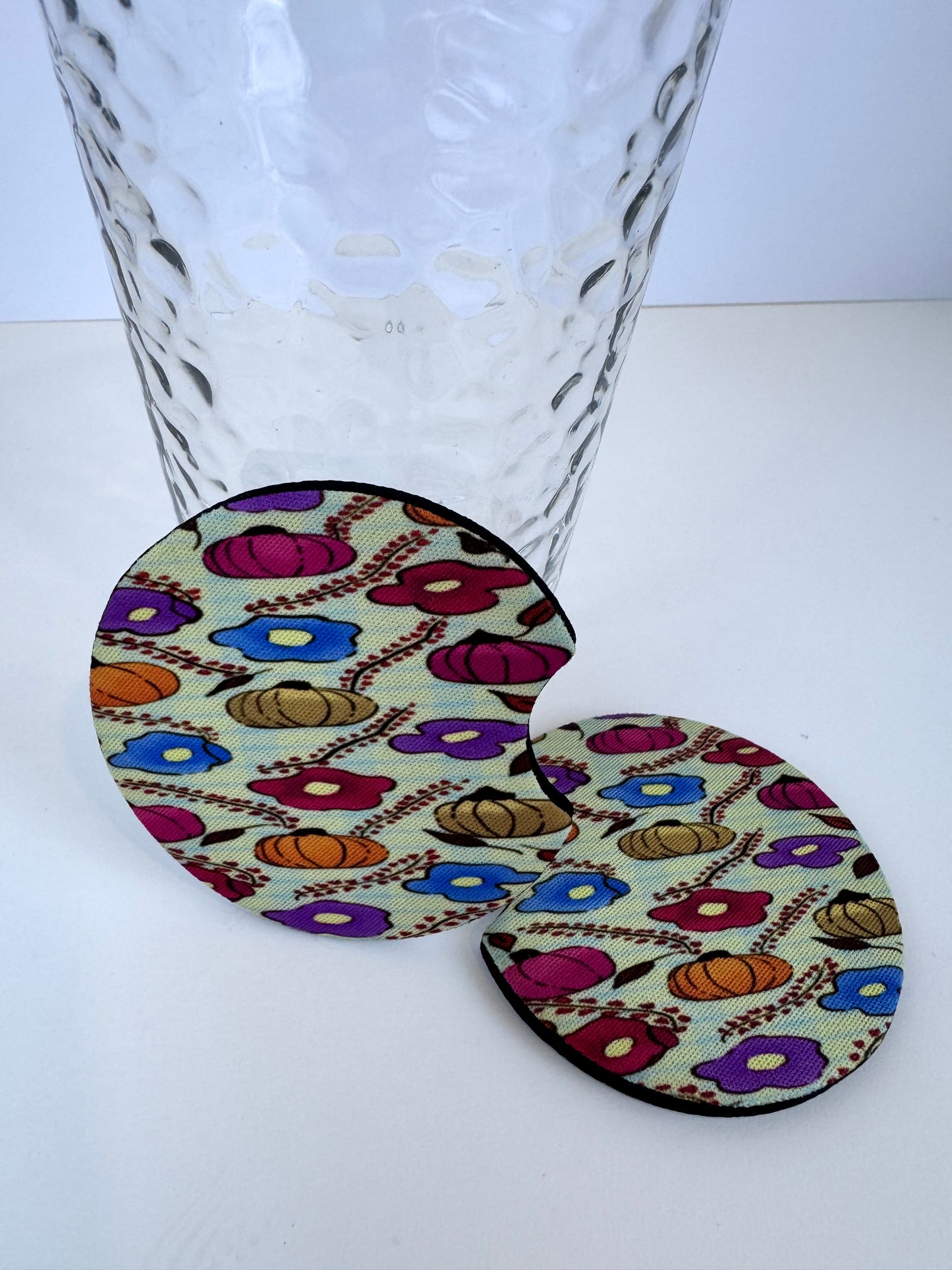 Pumpkin Floral Fall Design On A Round Neoprene Car Coaster, Set of 2, Hand Drawn Autumn Pattern