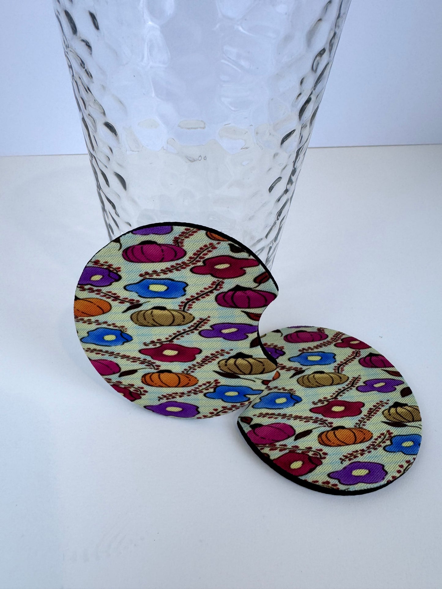 Pumpkin Floral Fall Design On A Round Neoprene Car Coaster, Set of 2, Hand Drawn Autumn Pattern
