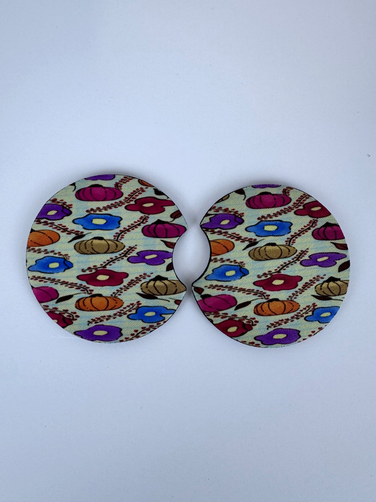 Pumpkin Floral Fall Design On A Round Neoprene Car Coaster, Set of 2, Hand Drawn Autumn Pattern