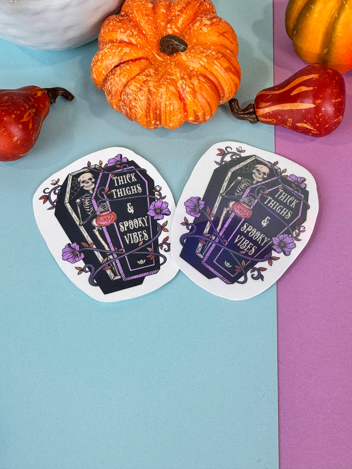 Thick Thighs and Spooky Vibes Halloween Skeleton Round Die Cut Sticker