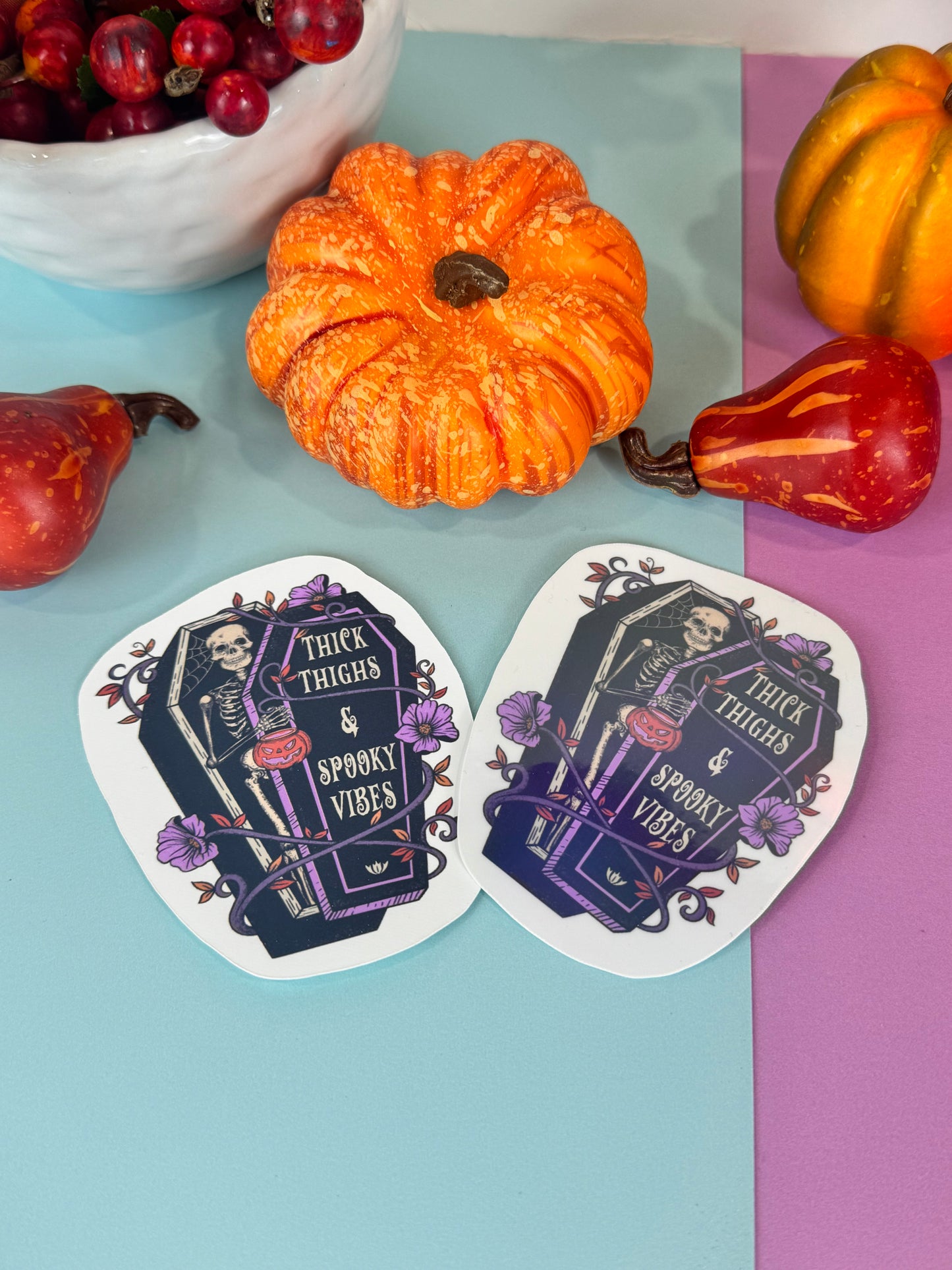 Thick Thighs and Spooky Vibes Halloween Skeleton Round Die Cut Sticker