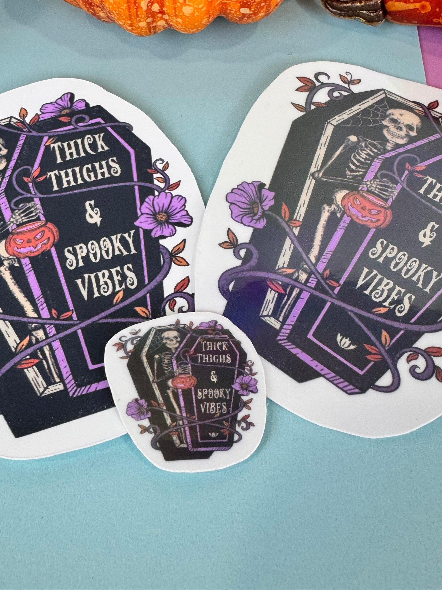 Thick Thighs and Spooky Vibes Halloween Skeleton Round Die Cut Sticker