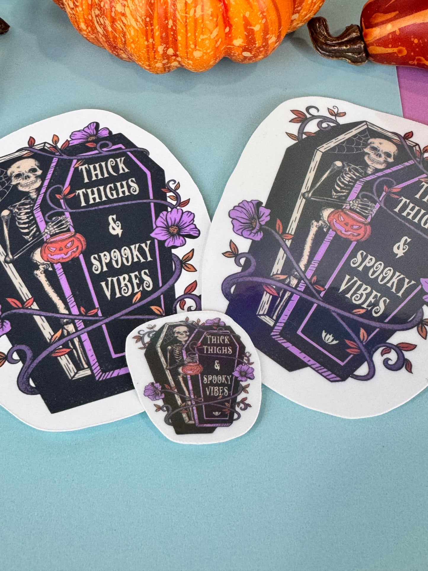 Thick Thighs and Spooky Vibes Halloween Skeleton Round Die Cut Sticker