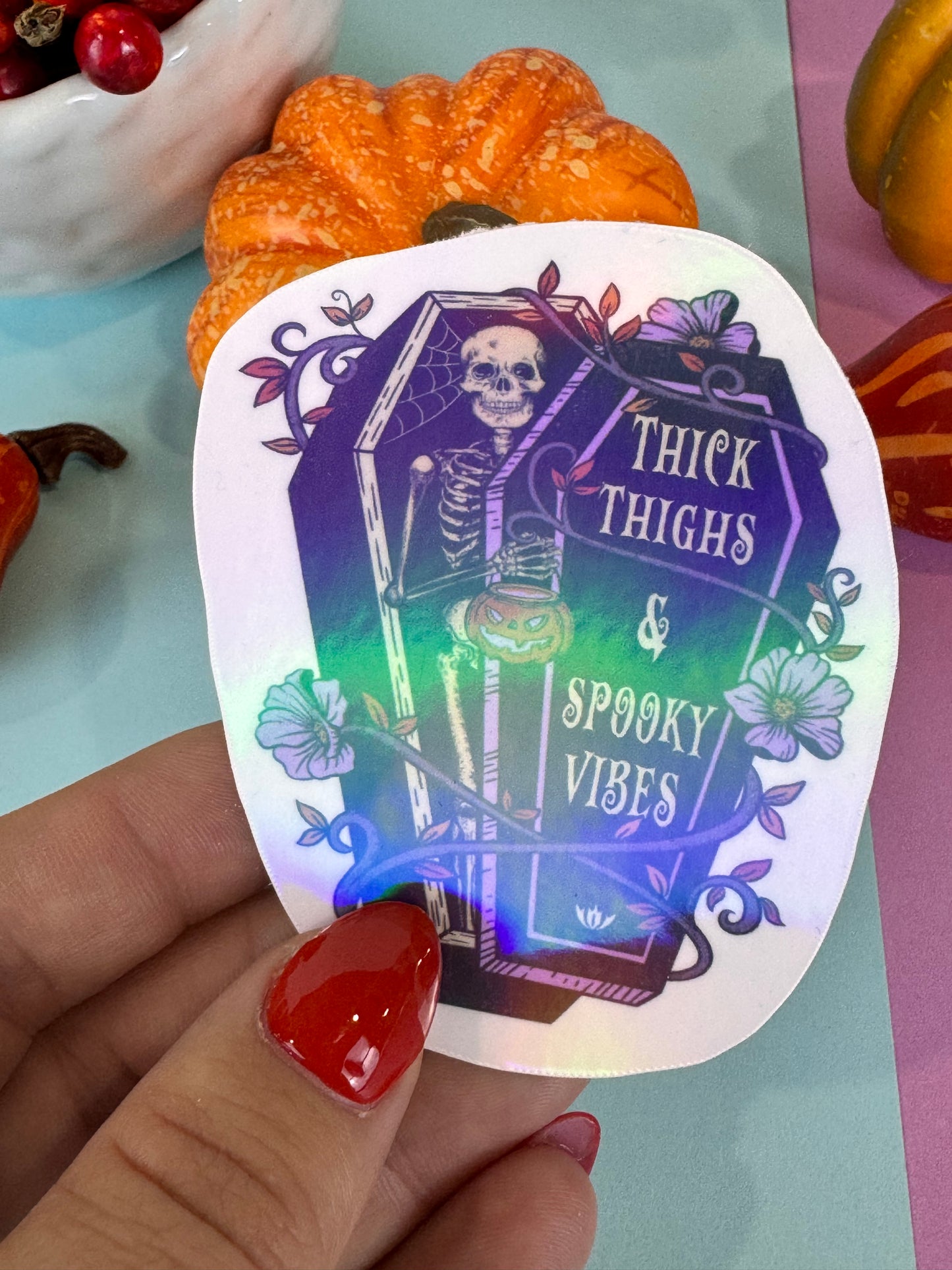 Thick Thighs and Spooky Vibes Halloween Skeleton Round Die Cut Sticker