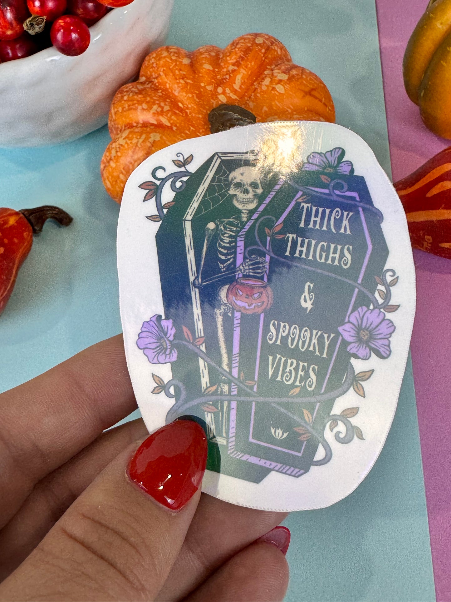 Thick Thighs and Spooky Vibes Halloween Skeleton Round Die Cut Sticker