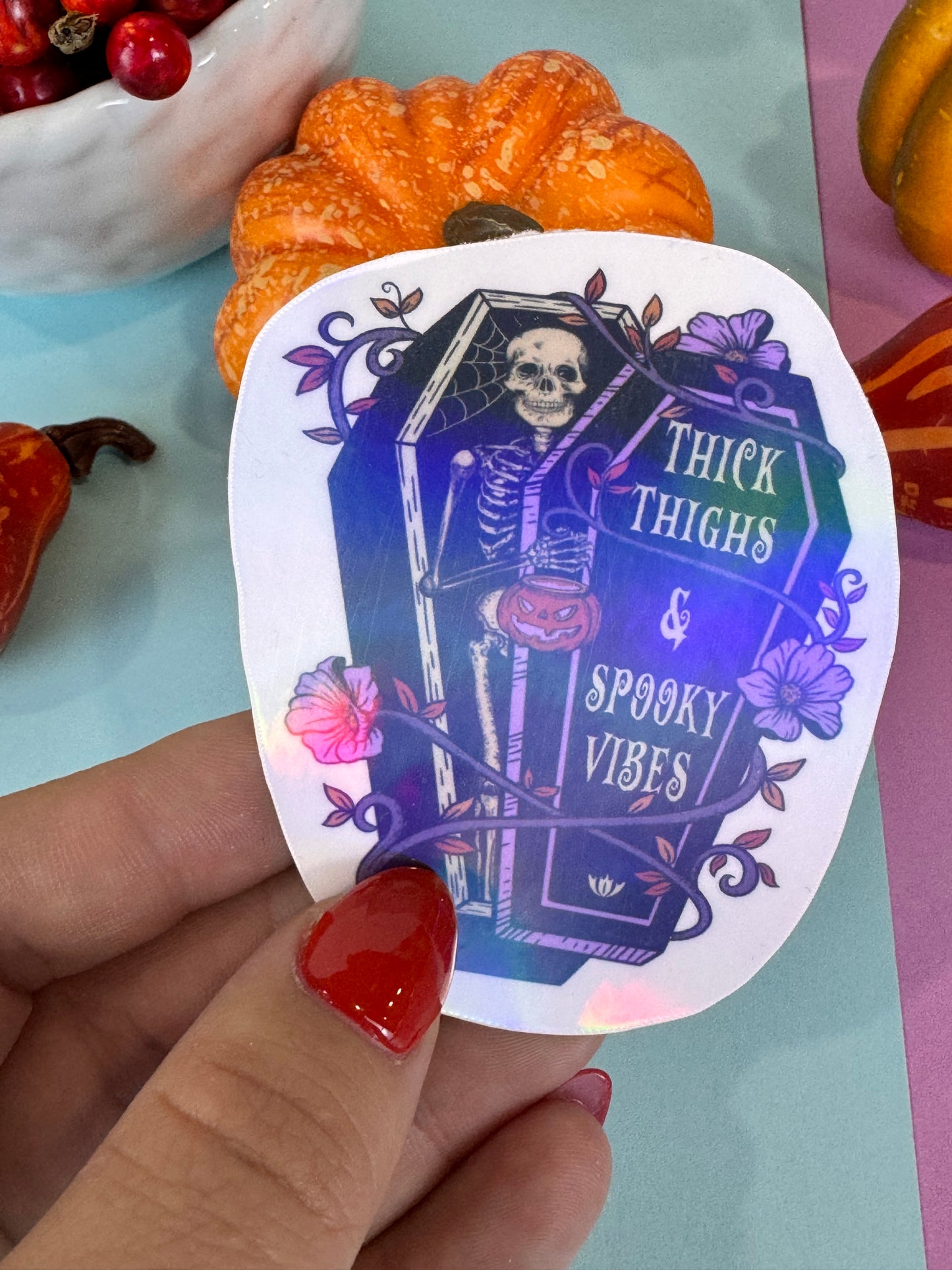 Thick Thighs and Spooky Vibes Halloween Skeleton Round Die Cut Sticker