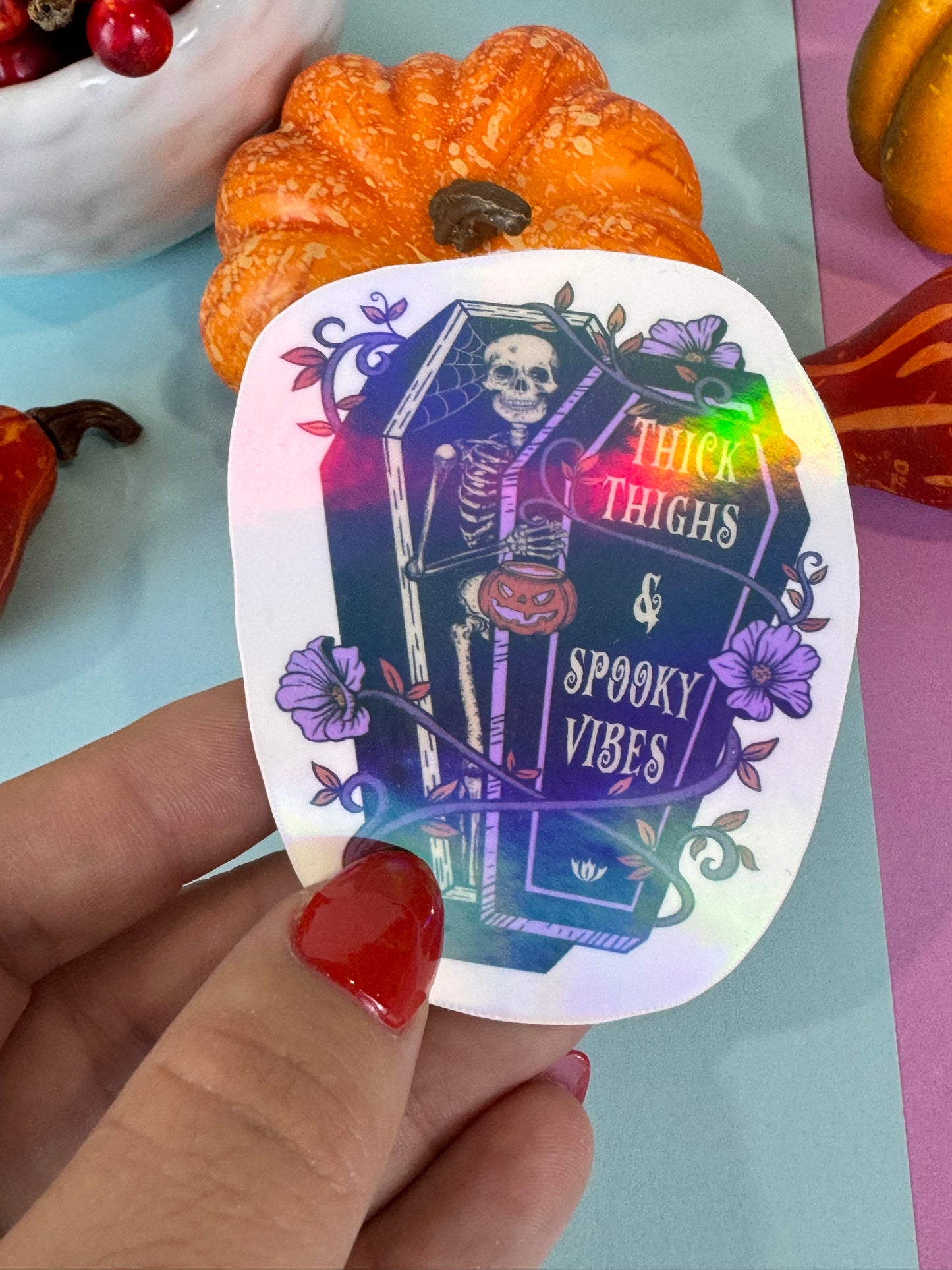 Thick Thighs and Spooky Vibes Halloween Skeleton Round Die Cut Sticker