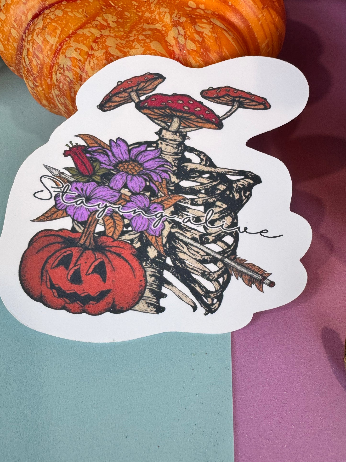 Staying Alive Skeleton, Mushroom, and Jack o Lantern Halloween Die Cut Sticker