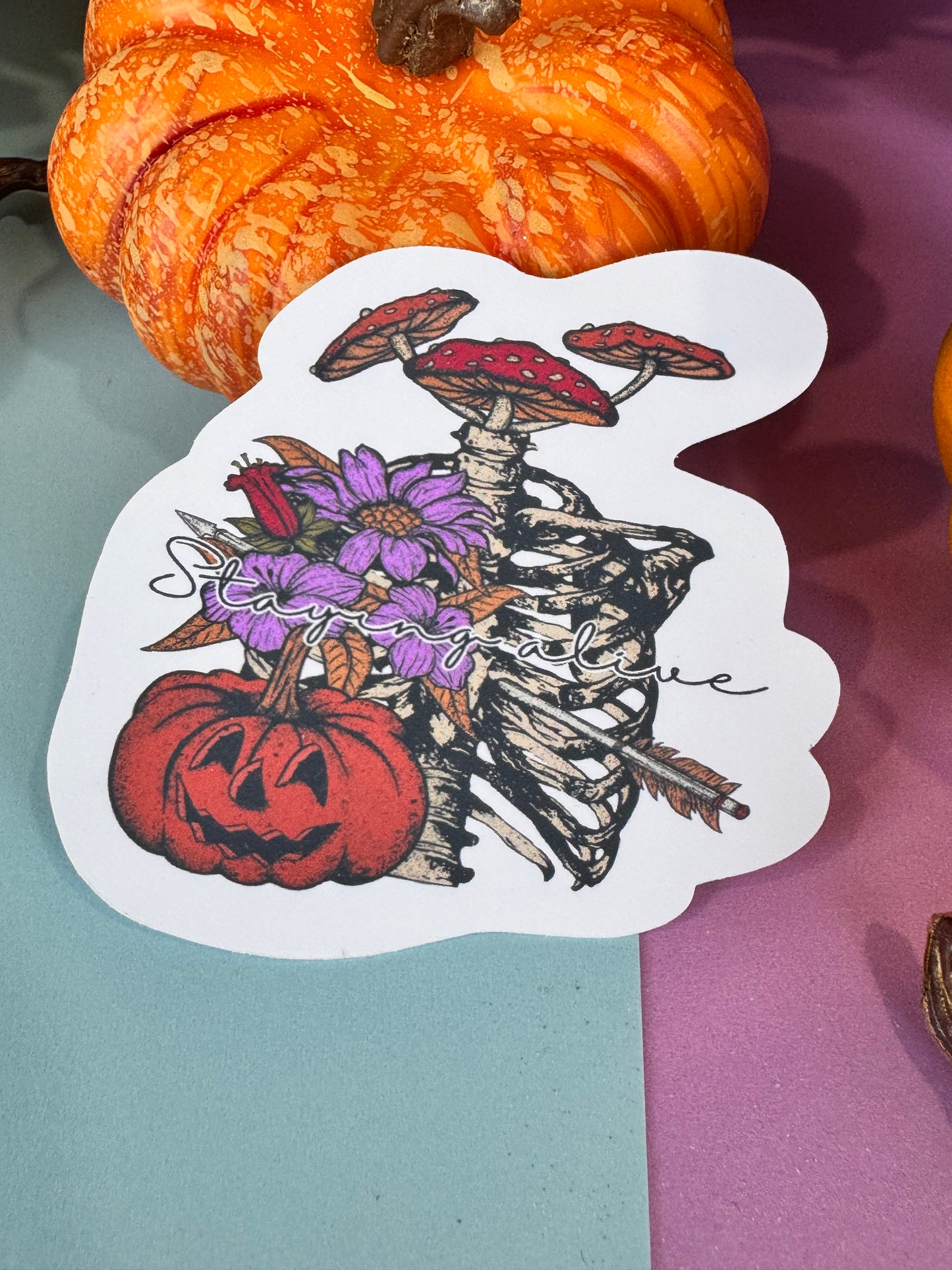 Staying Alive Skeleton, Mushroom, and Jack o Lantern Halloween Die Cut Sticker