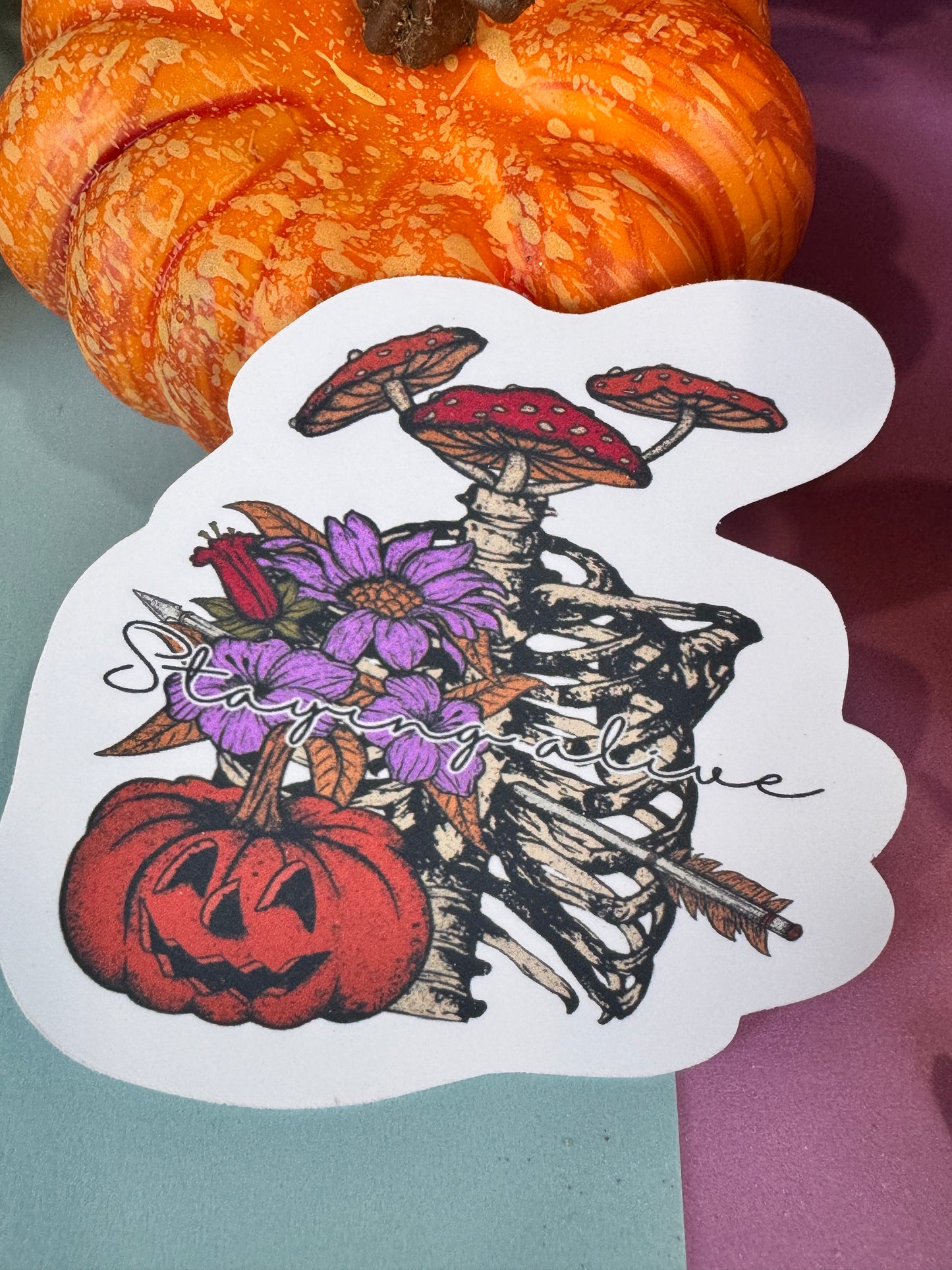 Staying Alive Skeleton, Mushroom, and Jack o Lantern Halloween Die Cut Sticker