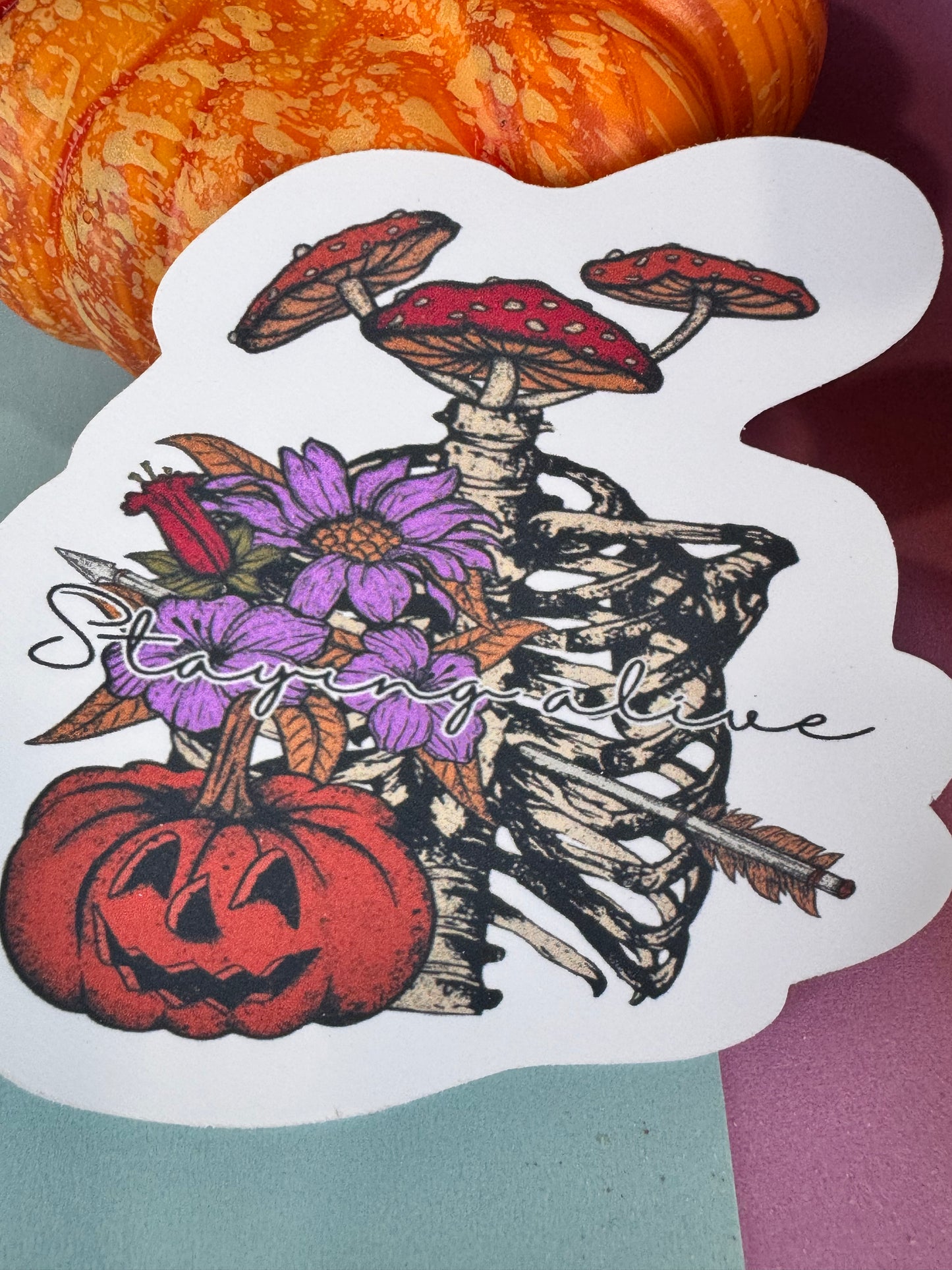 Staying Alive Skeleton, Mushroom, and Jack o Lantern Halloween Die Cut Sticker