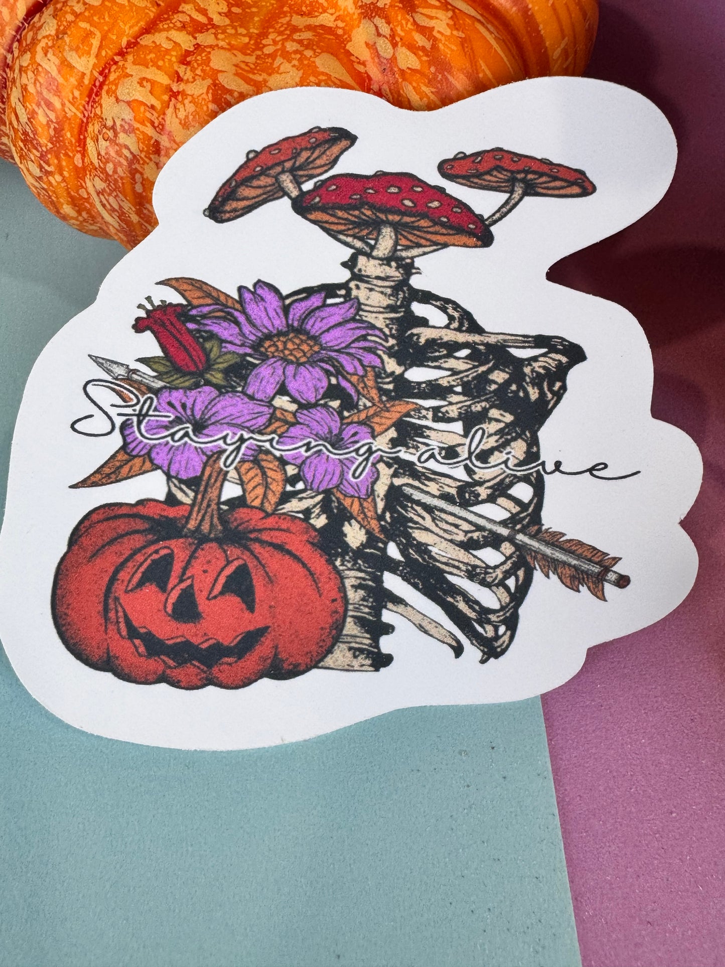 Staying Alive Skeleton, Mushroom, and Jack o Lantern Halloween Die Cut Sticker