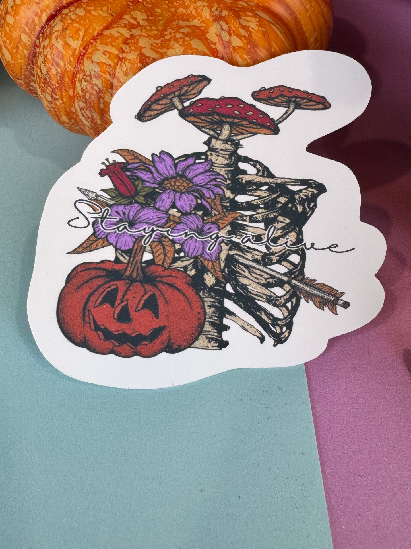 Staying Alive Skeleton, Mushroom, and Jack o Lantern Halloween Die Cut Sticker