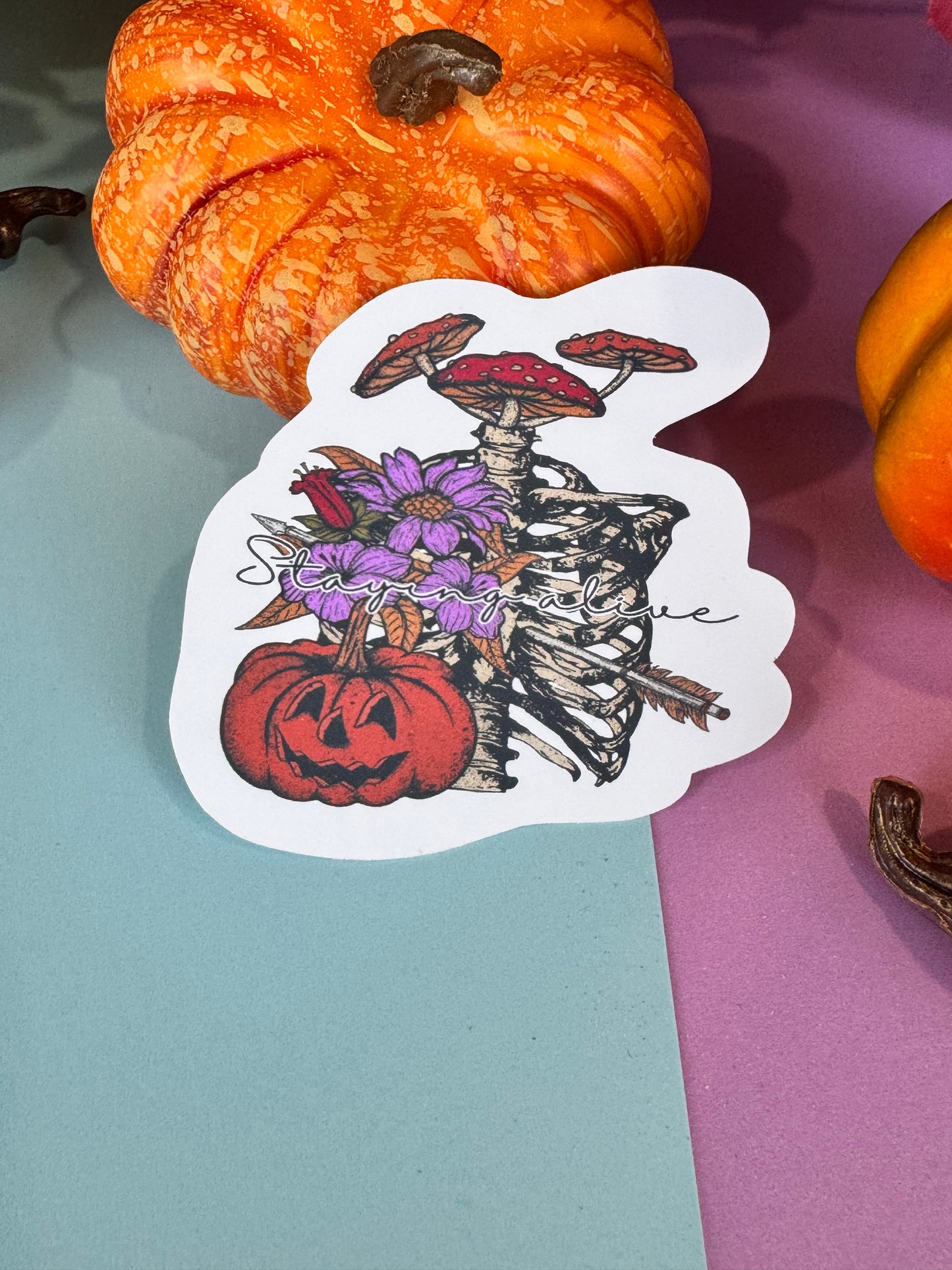 Staying Alive Skeleton, Mushroom, and Jack o Lantern Halloween Die Cut Sticker