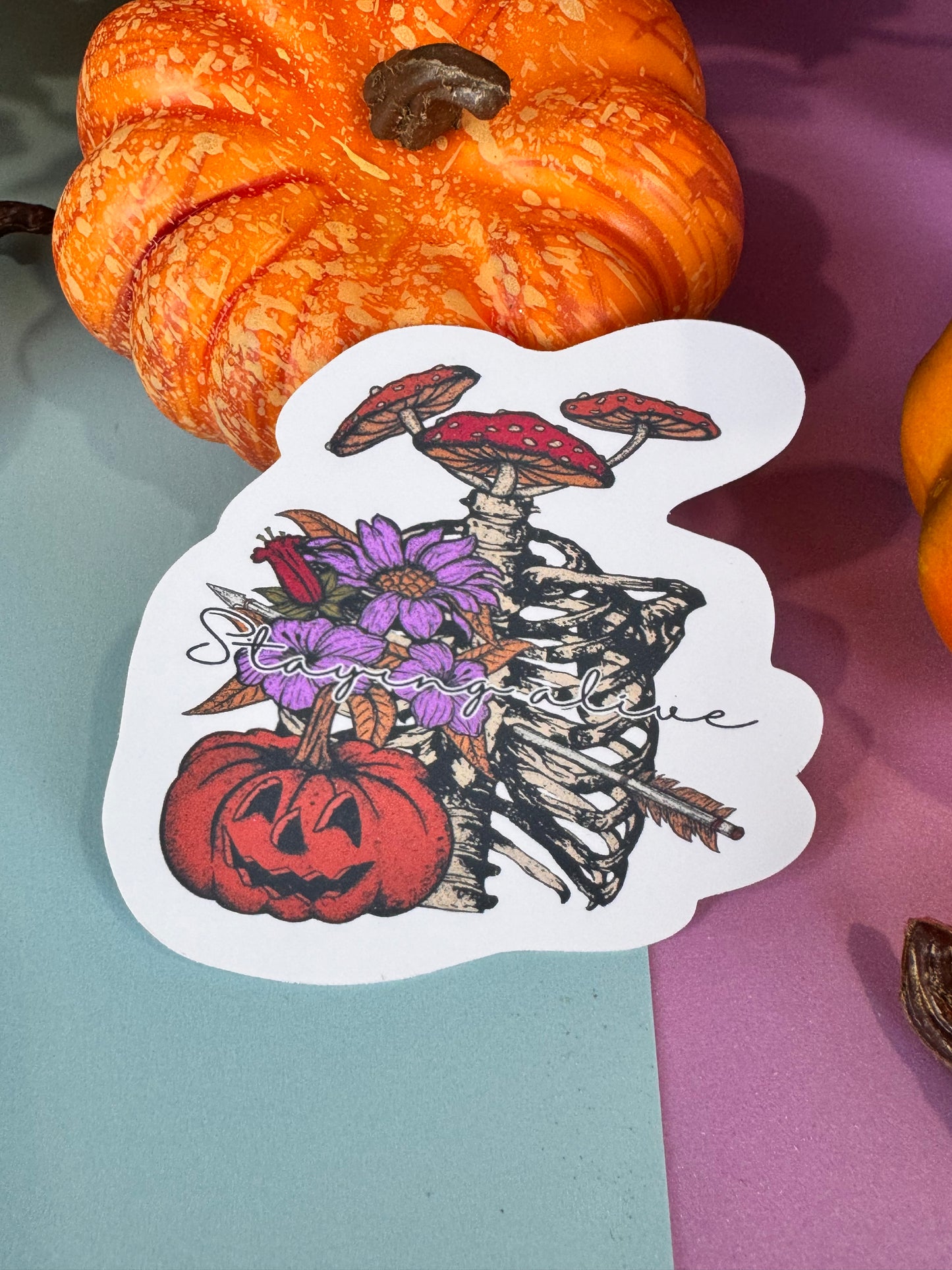 Staying Alive Skeleton, Mushroom, and Jack o Lantern Halloween Die Cut Sticker