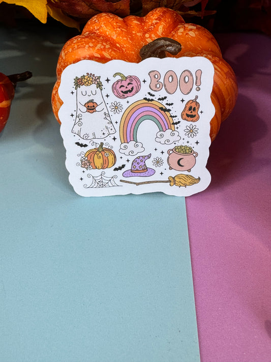 Spooky Vibes Halloween Die Cut Sticker Cute Fall Characters For Kindle Decoration, Retro Ghost, Witch, Rainbow, Jack o Lanterns