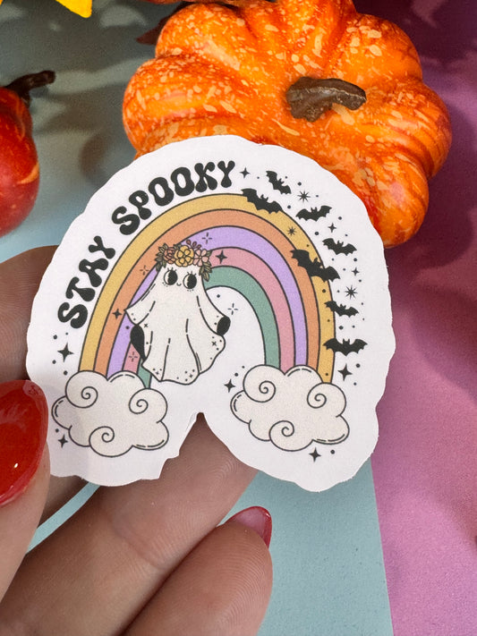 Stay Spooky Halloween Die Cut Sticker Cute Fall Characters For Kindle Decoration, Retro Ghost and Rainbow