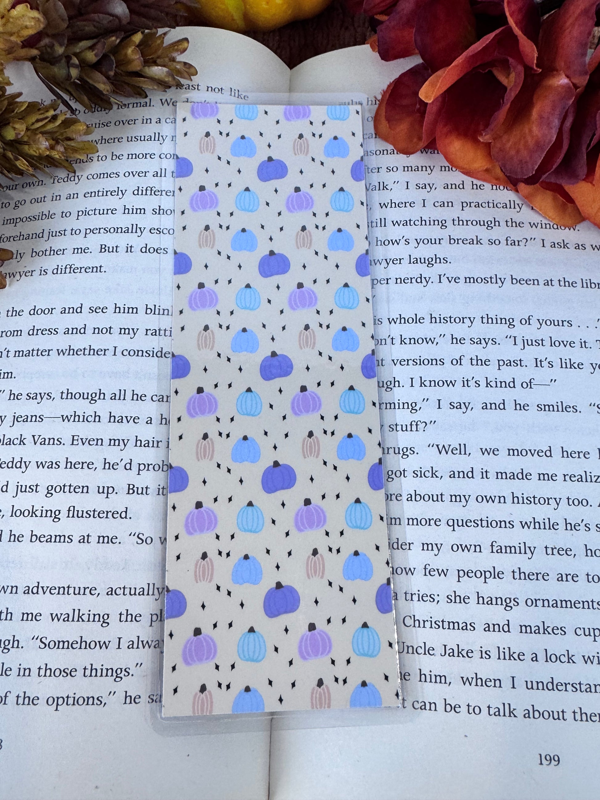 Handmade laminated autumn bookmark for cozy readers