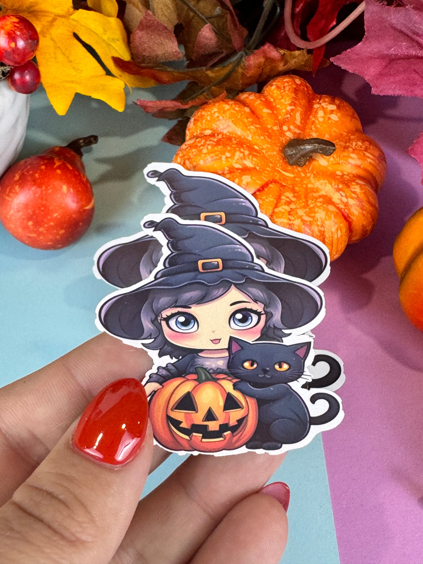 Kawaii Cute Halloween Witch and Black Cat Die Cut Sticker