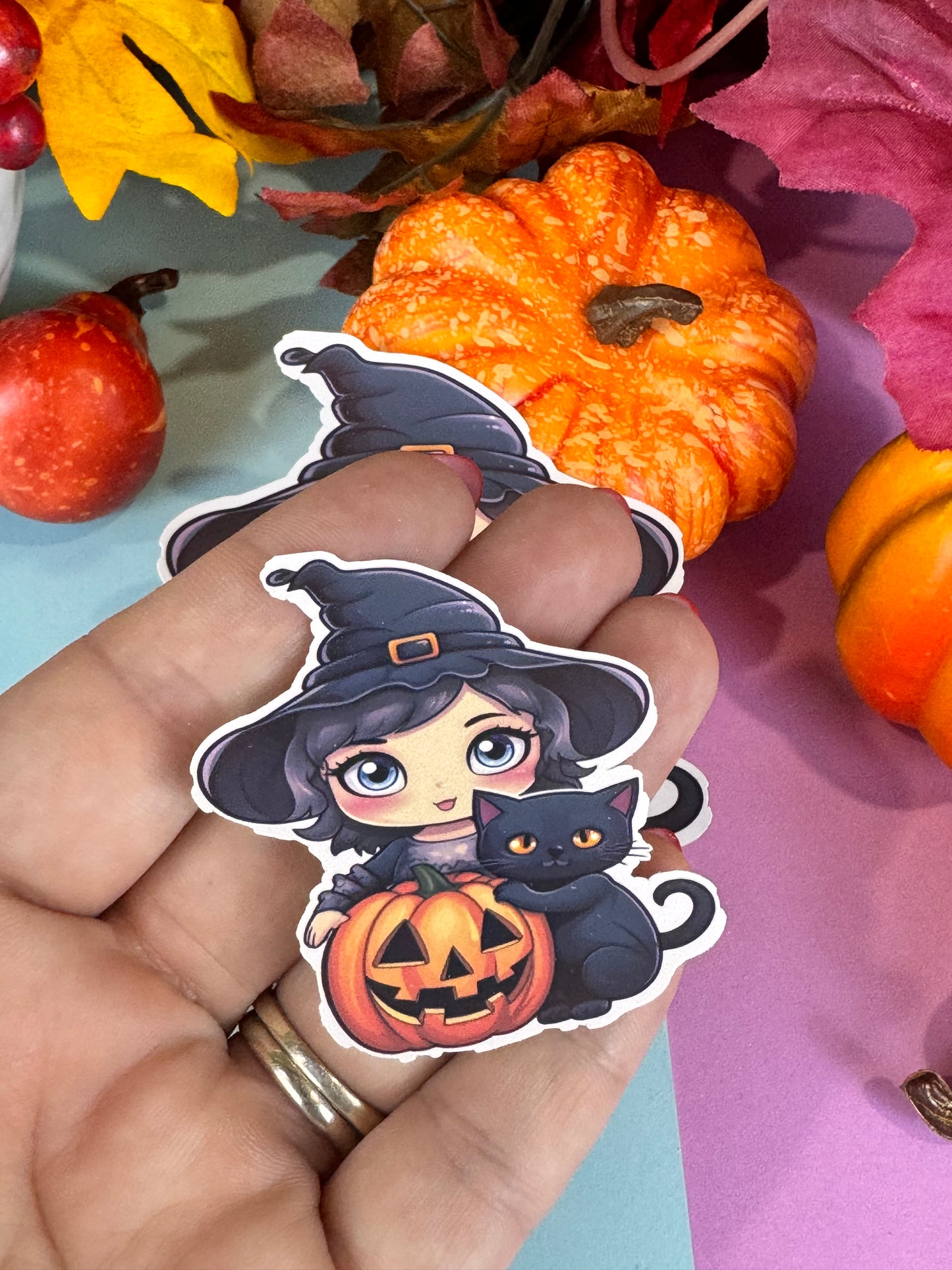 Kawaii Cute Halloween Witch and Black Cat Die Cut Sticker