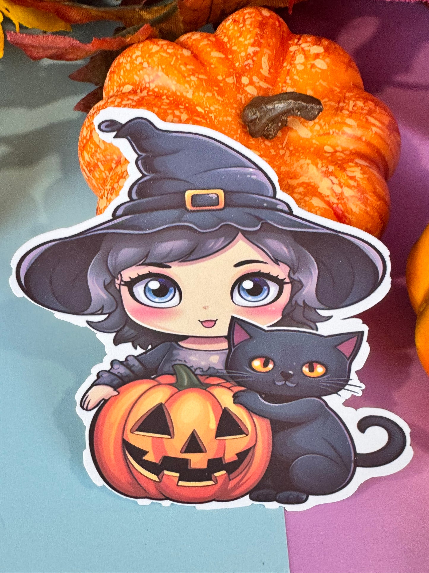 Kawaii Cute Halloween Witch and Black Cat Die Cut Sticker