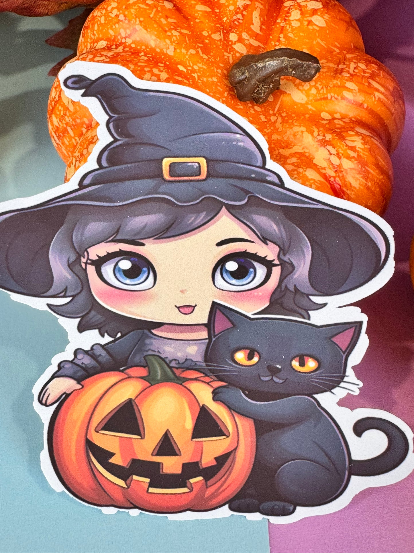 Kawaii Cute Halloween Witch and Black Cat Die Cut Sticker