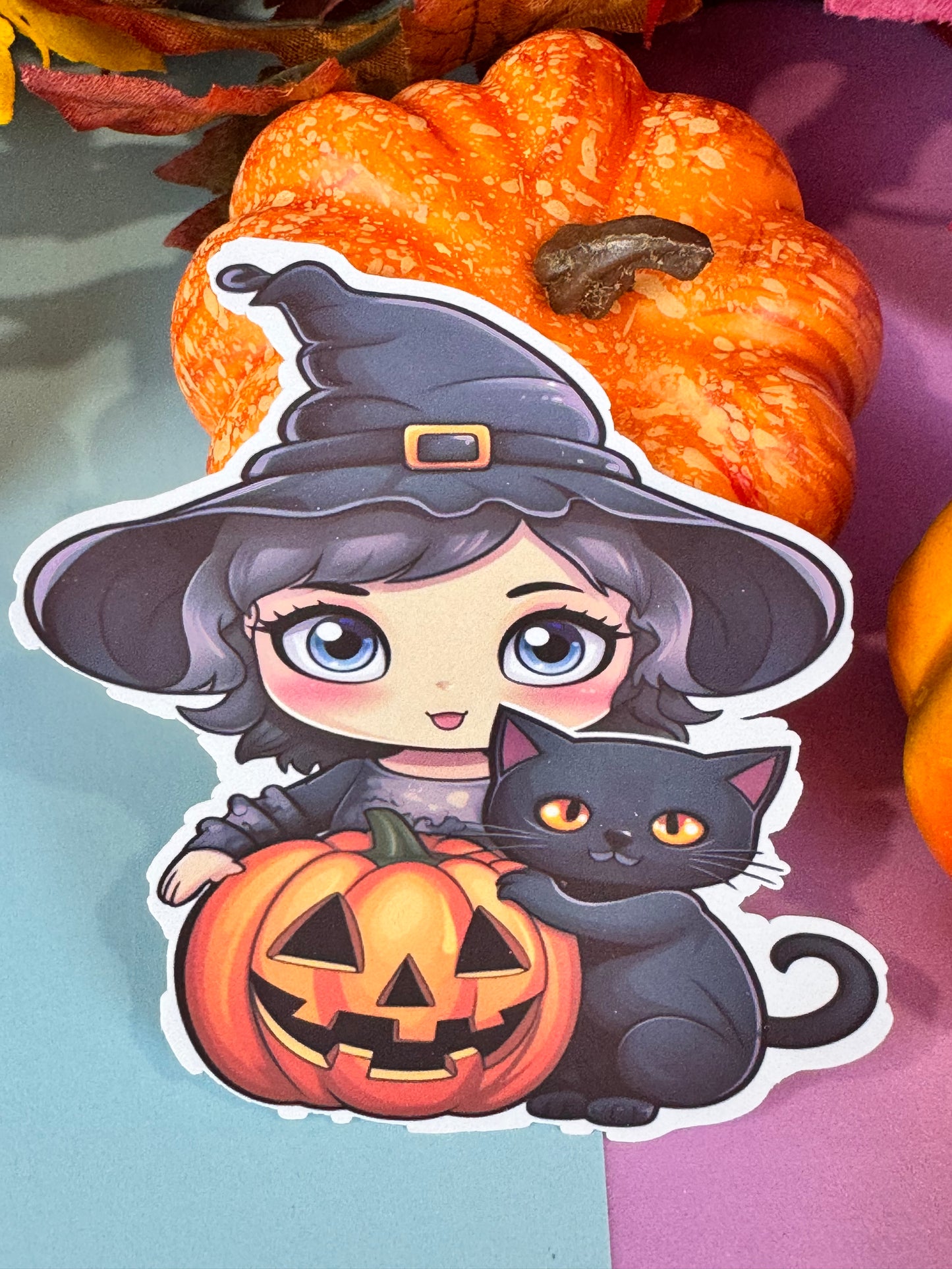 Kawaii Cute Halloween Witch and Black Cat Die Cut Sticker