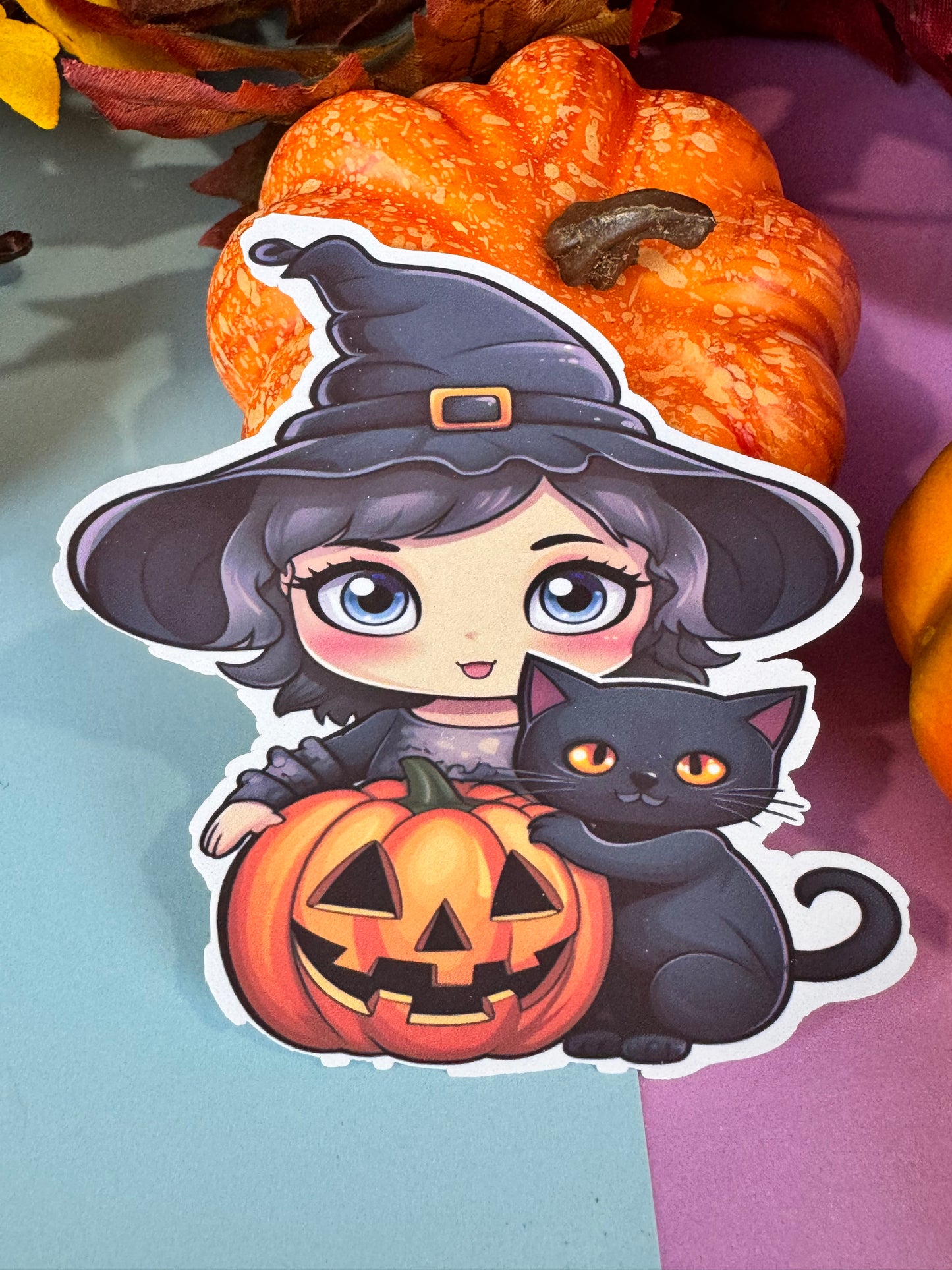 Kawaii Cute Halloween Witch and Black Cat Die Cut Sticker