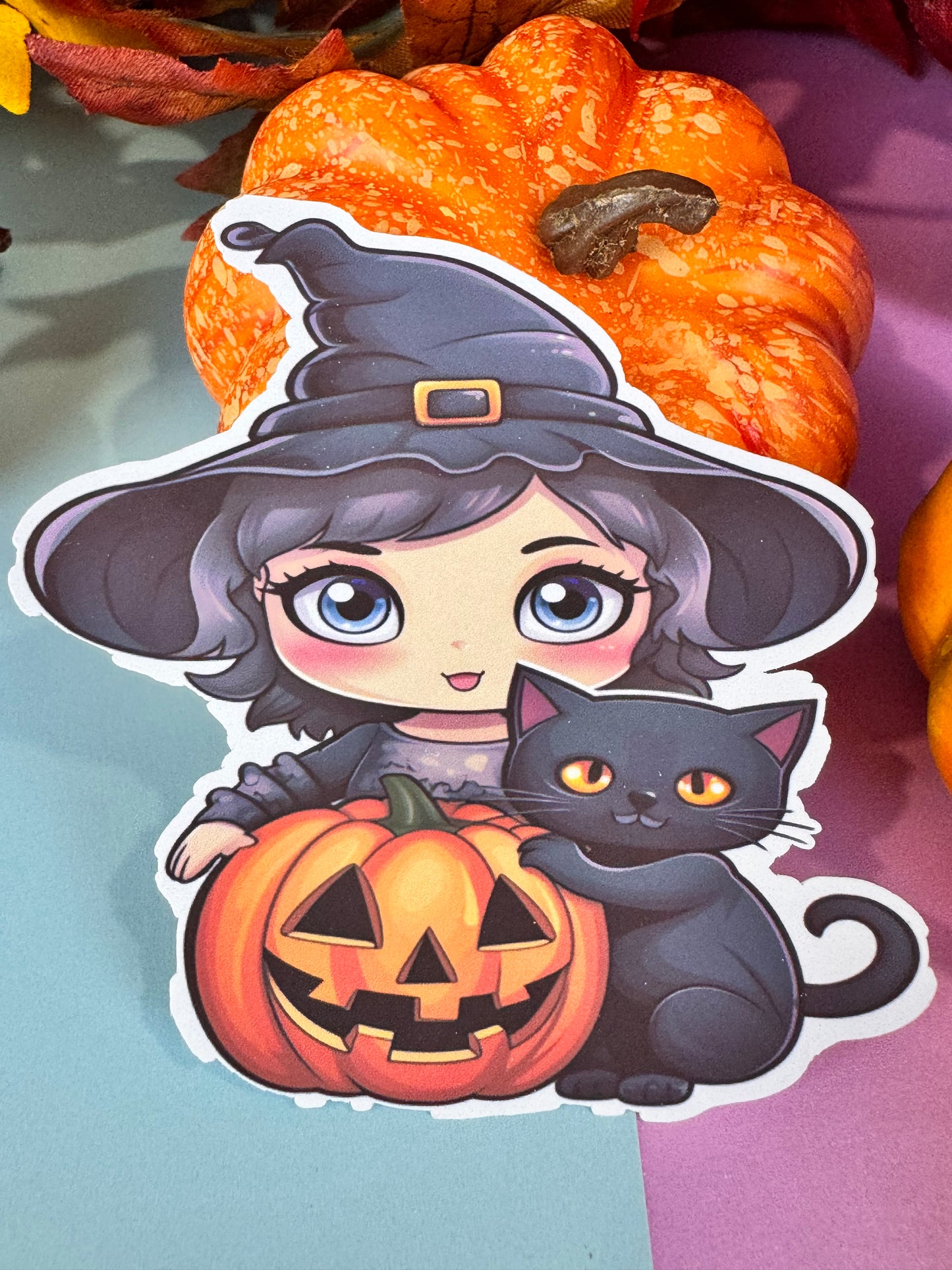 Kawaii Cute Halloween Witch and Black Cat Die Cut Sticker