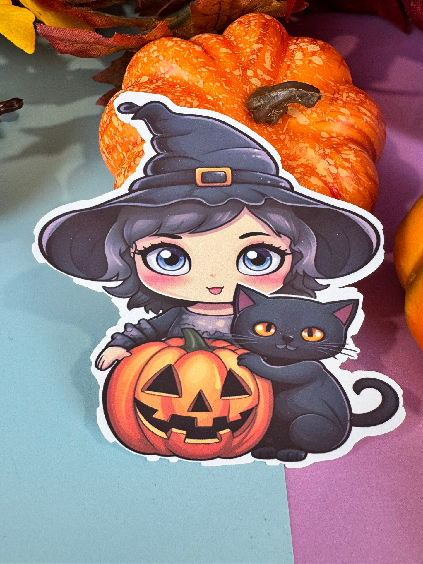 Kawaii Cute Halloween Witch and Black Cat Die Cut Sticker