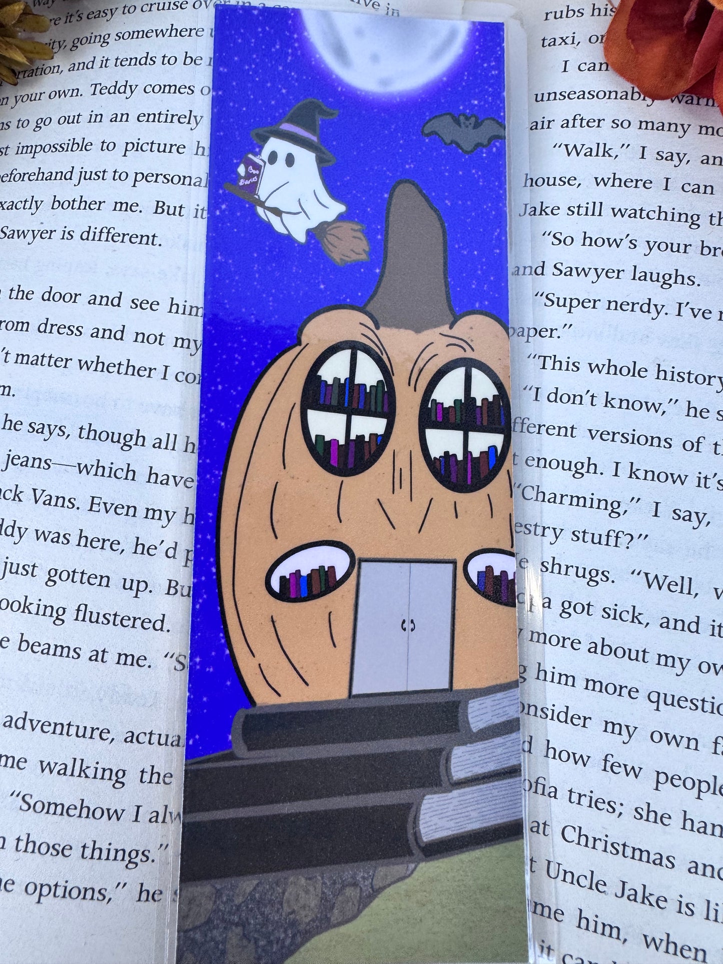 Cute Ghost Bookmark – Handmade Laminated Bookmark with Pumpkin Library & Full Moon | Spooky Book Lover Gift for Halloween Reading