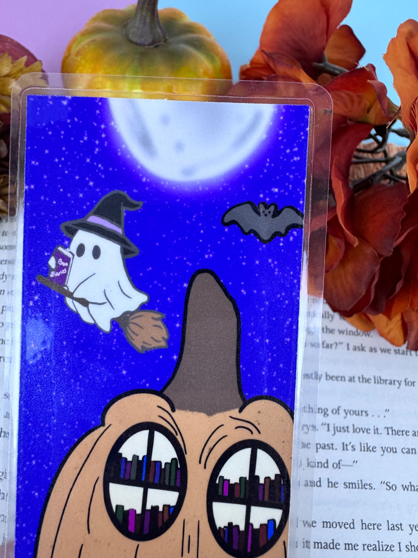Cute Ghost Bookmark – Handmade Laminated Bookmark with Pumpkin Library & Full Moon | Spooky Book Lover Gift for Halloween Reading