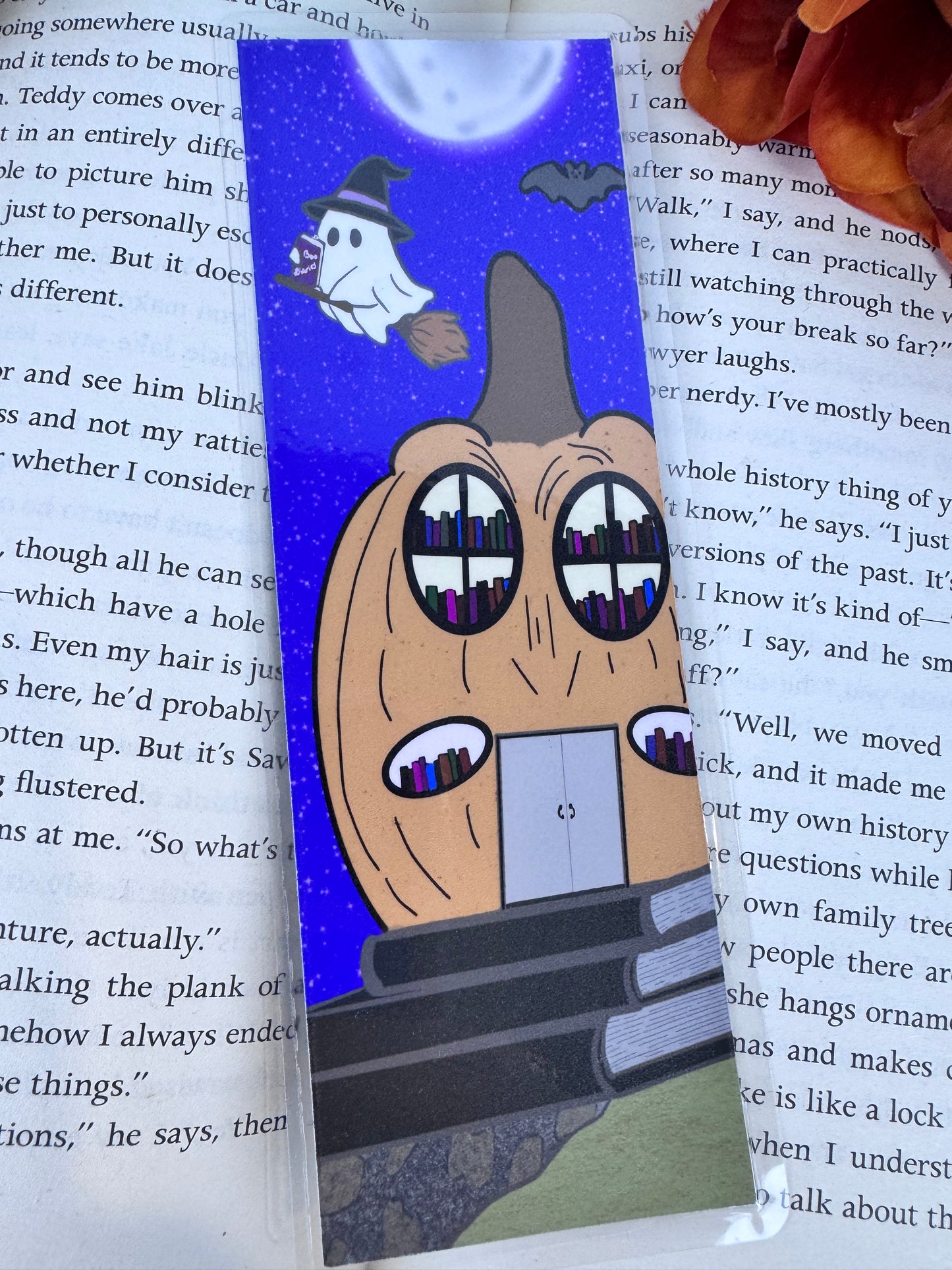 Cute Ghost Bookmark – Handmade Laminated Bookmark with Pumpkin Library & Full Moon | Spooky Book Lover Gift for Halloween Reading