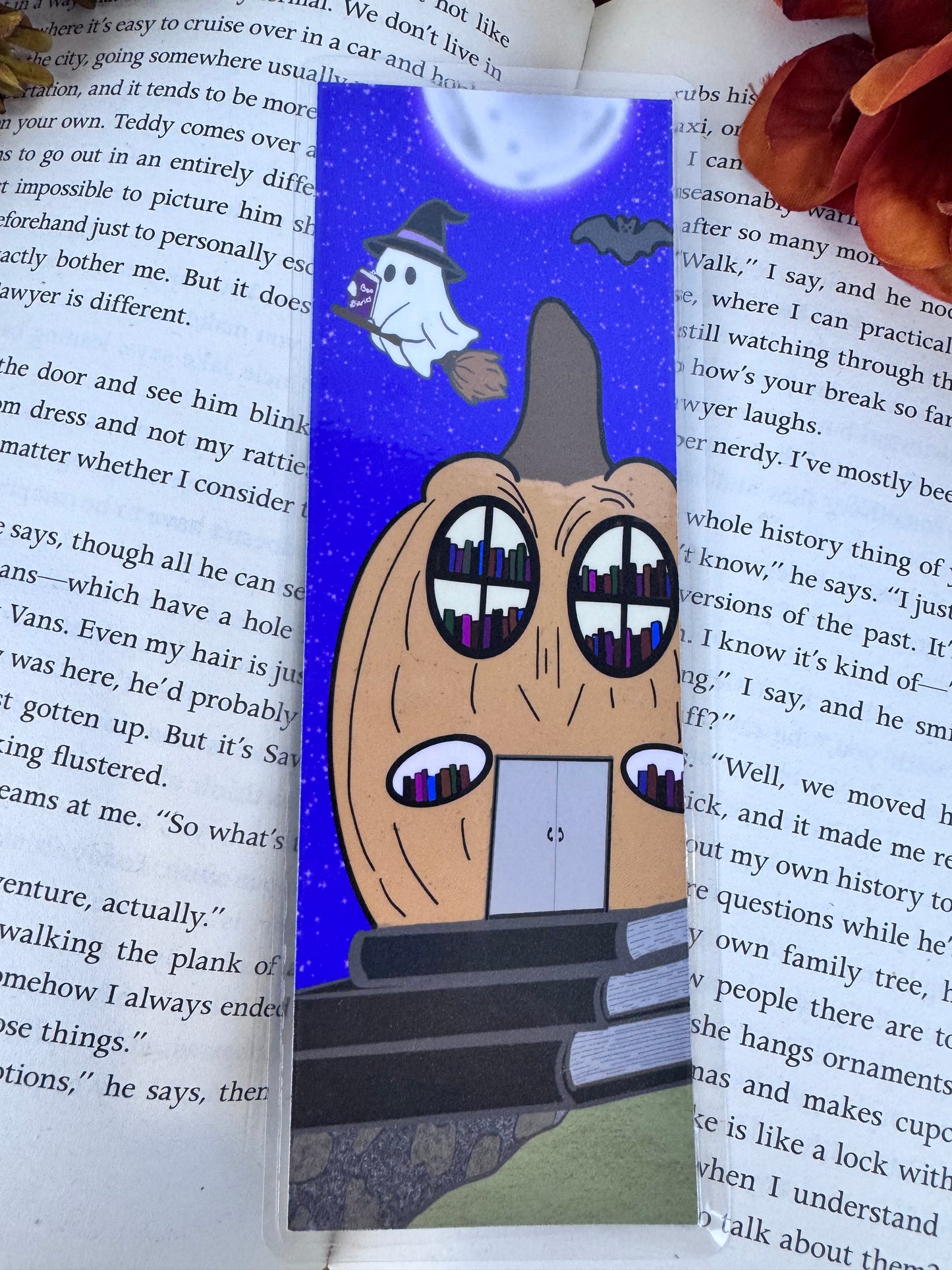 Cute Ghost Bookmark – Handmade Laminated Bookmark with Pumpkin Library & Full Moon | Spooky Book Lover Gift for Halloween Reading