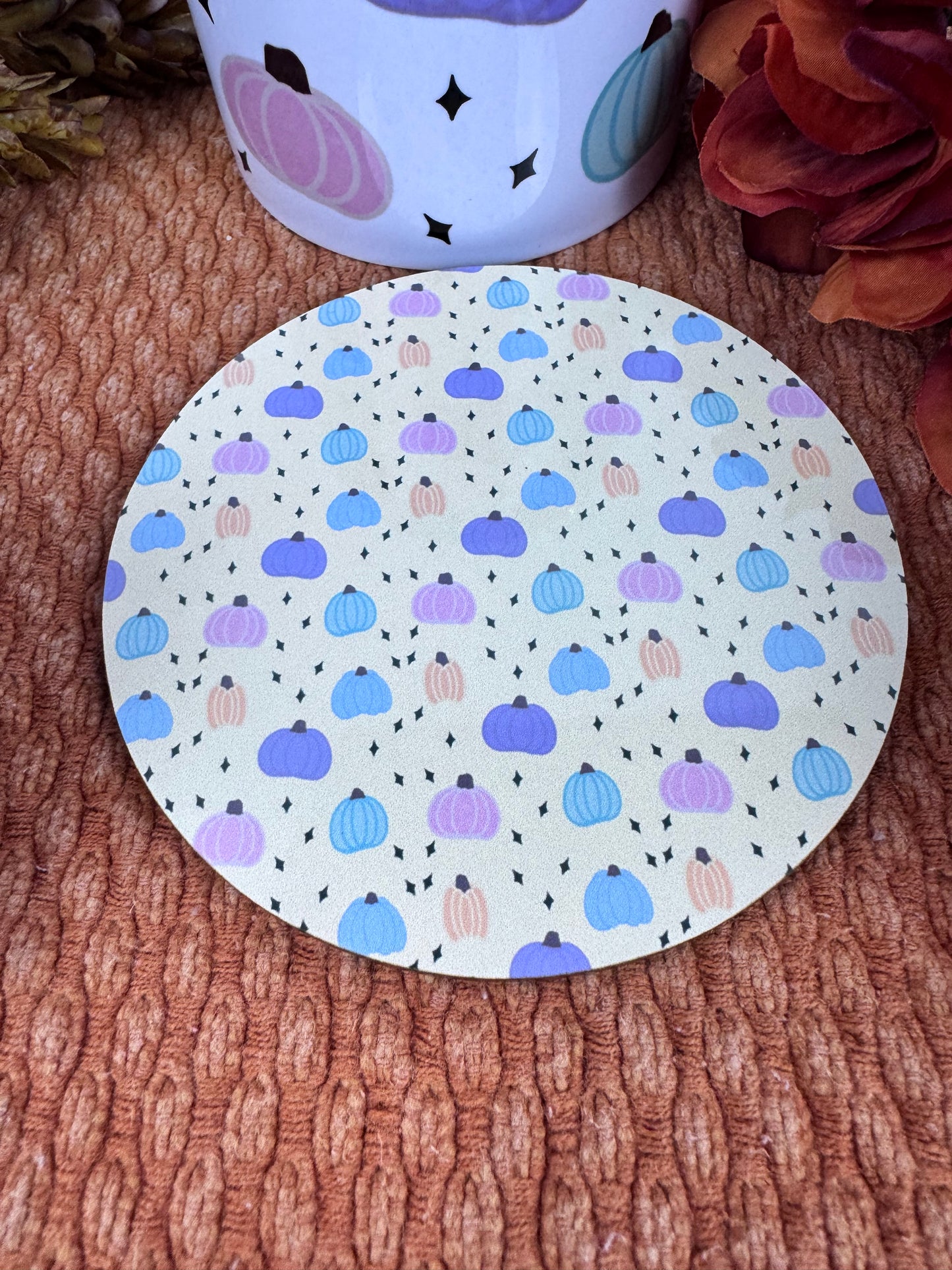 Pastel Pumpkin Round MDF Coaster – 4 Inch Handmade Sublimated Fall Drink Coaster, Yellow Beige Aesthetic