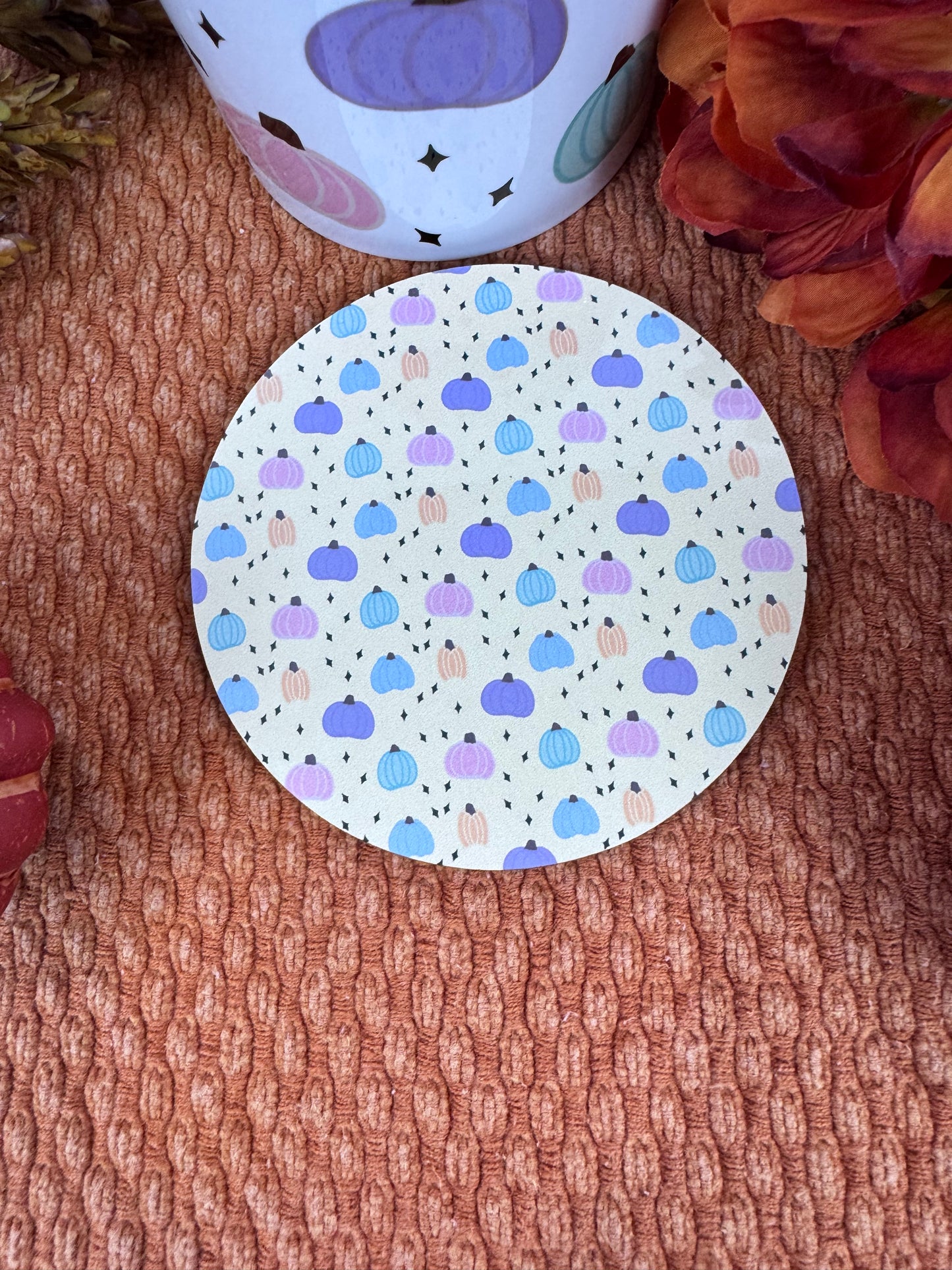 Pastel Pumpkin Round MDF Coaster – 4 Inch Handmade Sublimated Fall Drink Coaster, Yellow Beige Aesthetic