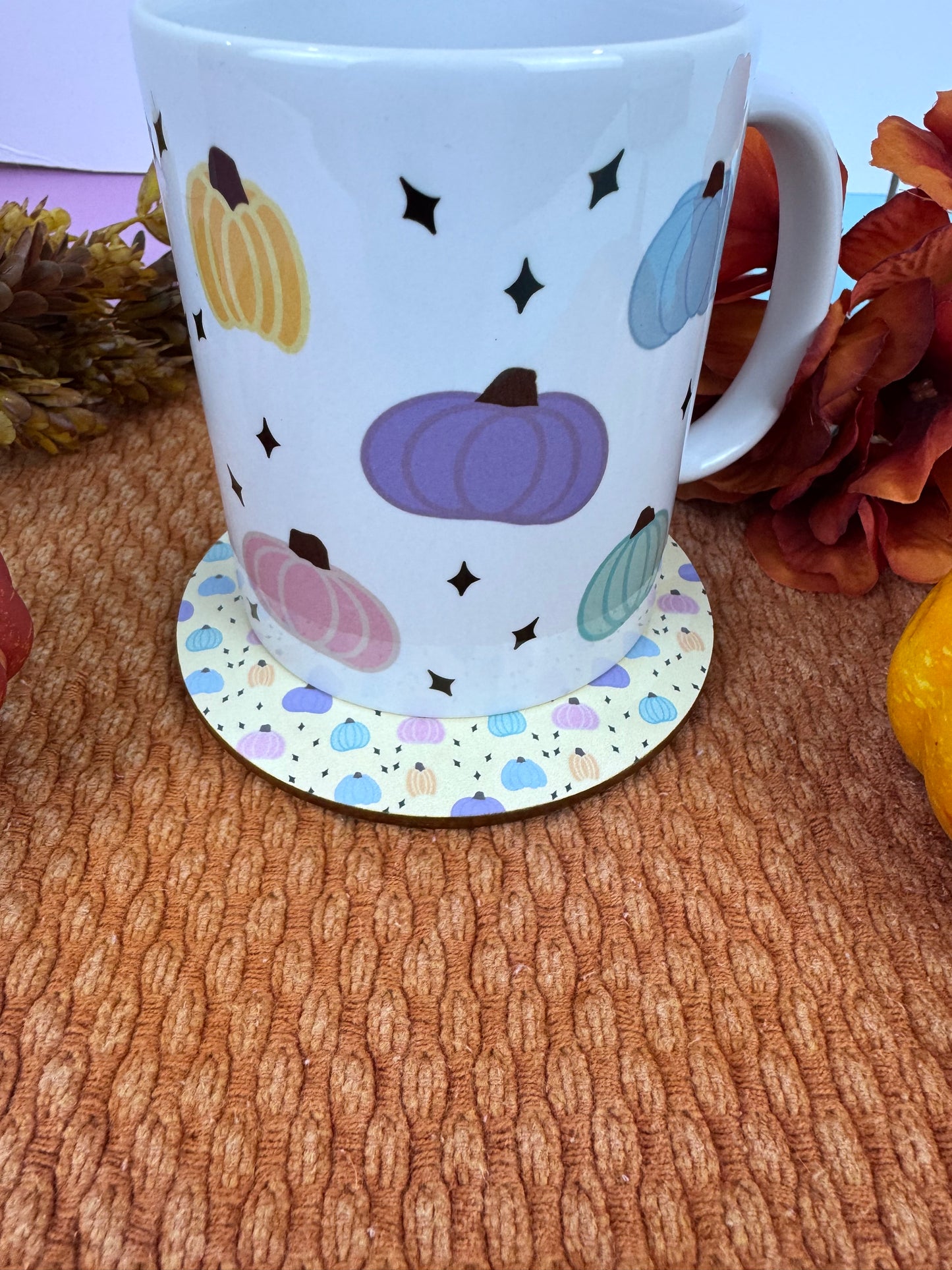 Pastel Pumpkin Round MDF Coaster – 4 Inch Handmade Sublimated Fall Drink Coaster, Yellow Beige Aesthetic
