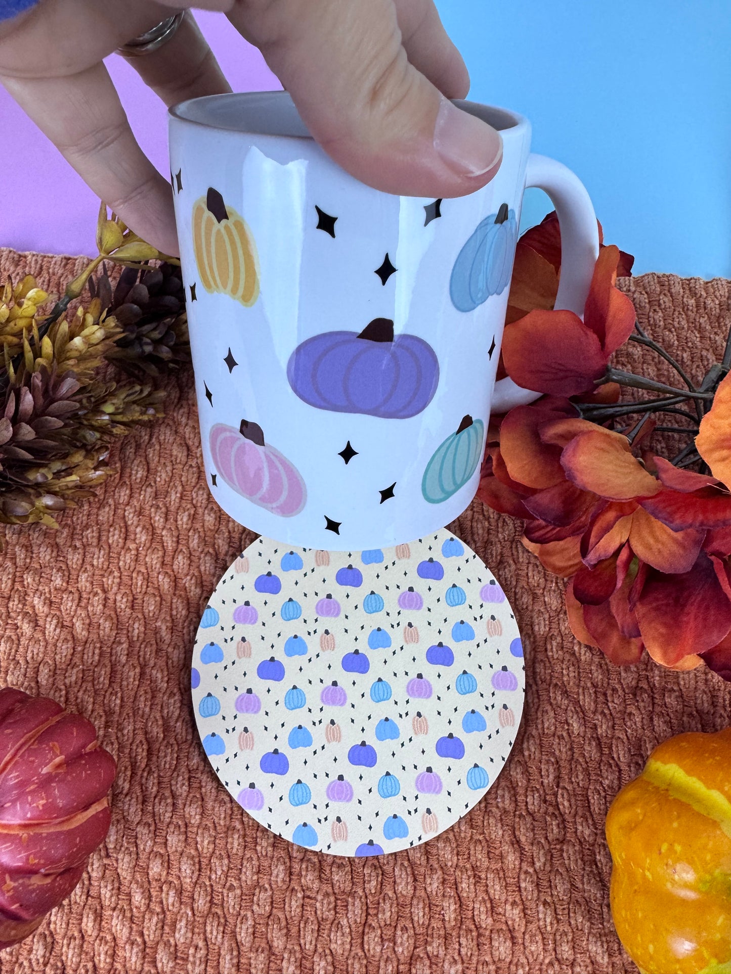 Pastel pumpkin drink coaster with glossy finish