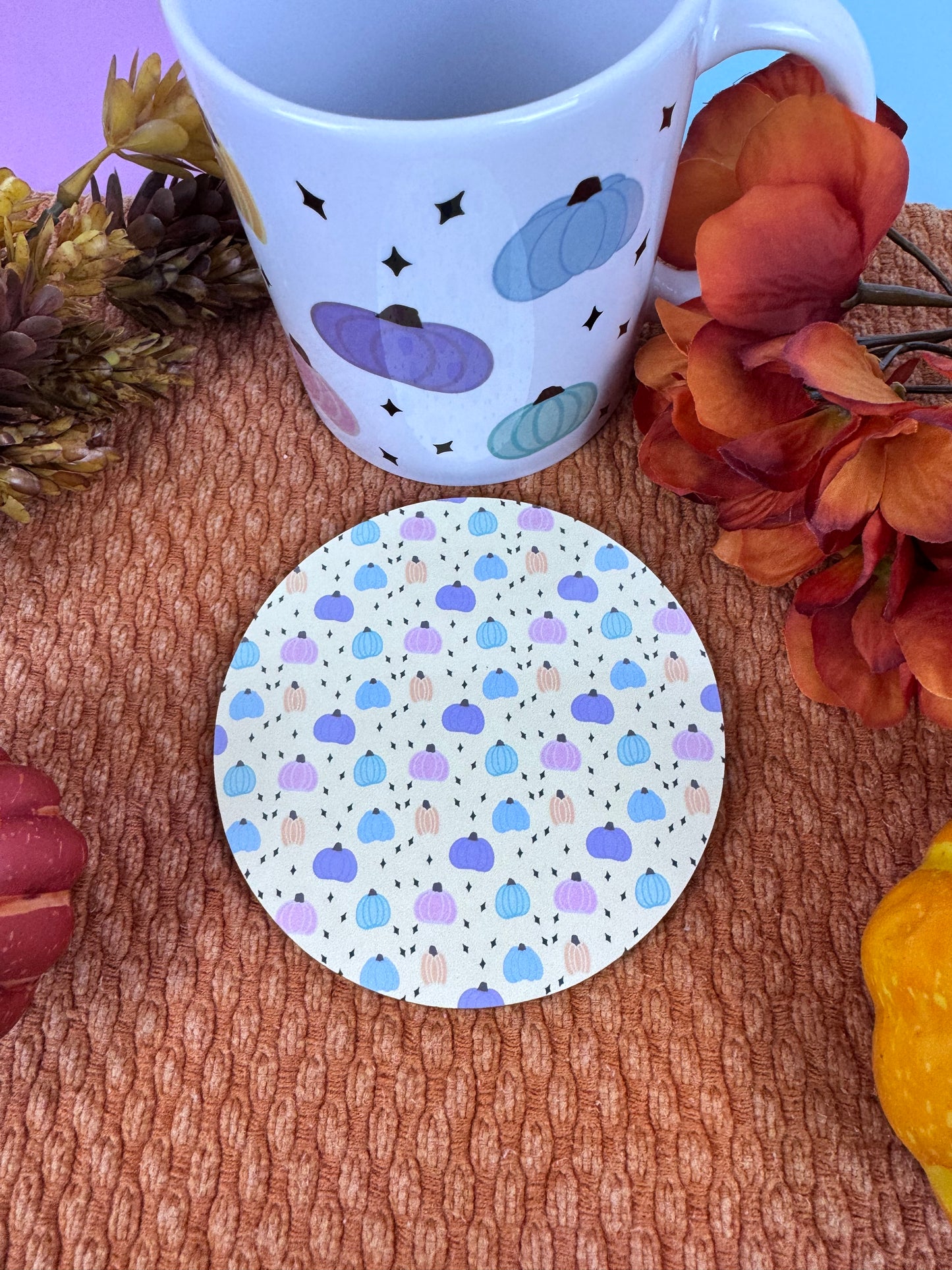 Pastel Pumpkin Round MDF Coaster – 4 Inch Handmade Sublimated Fall Drink Coaster, Yellow Beige Aesthetic