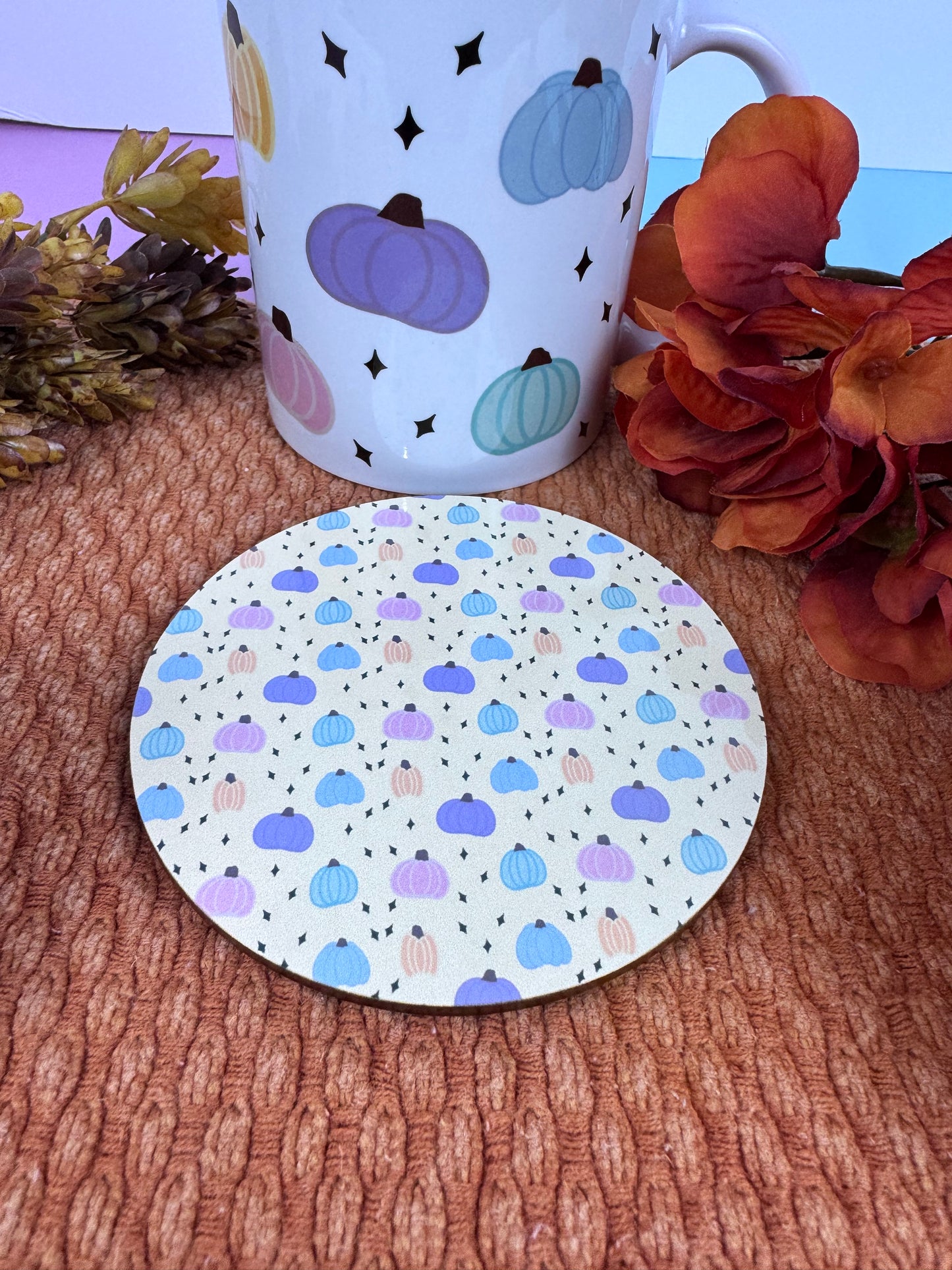 4 inch round coaster with cozy autumn pumpkin pattern