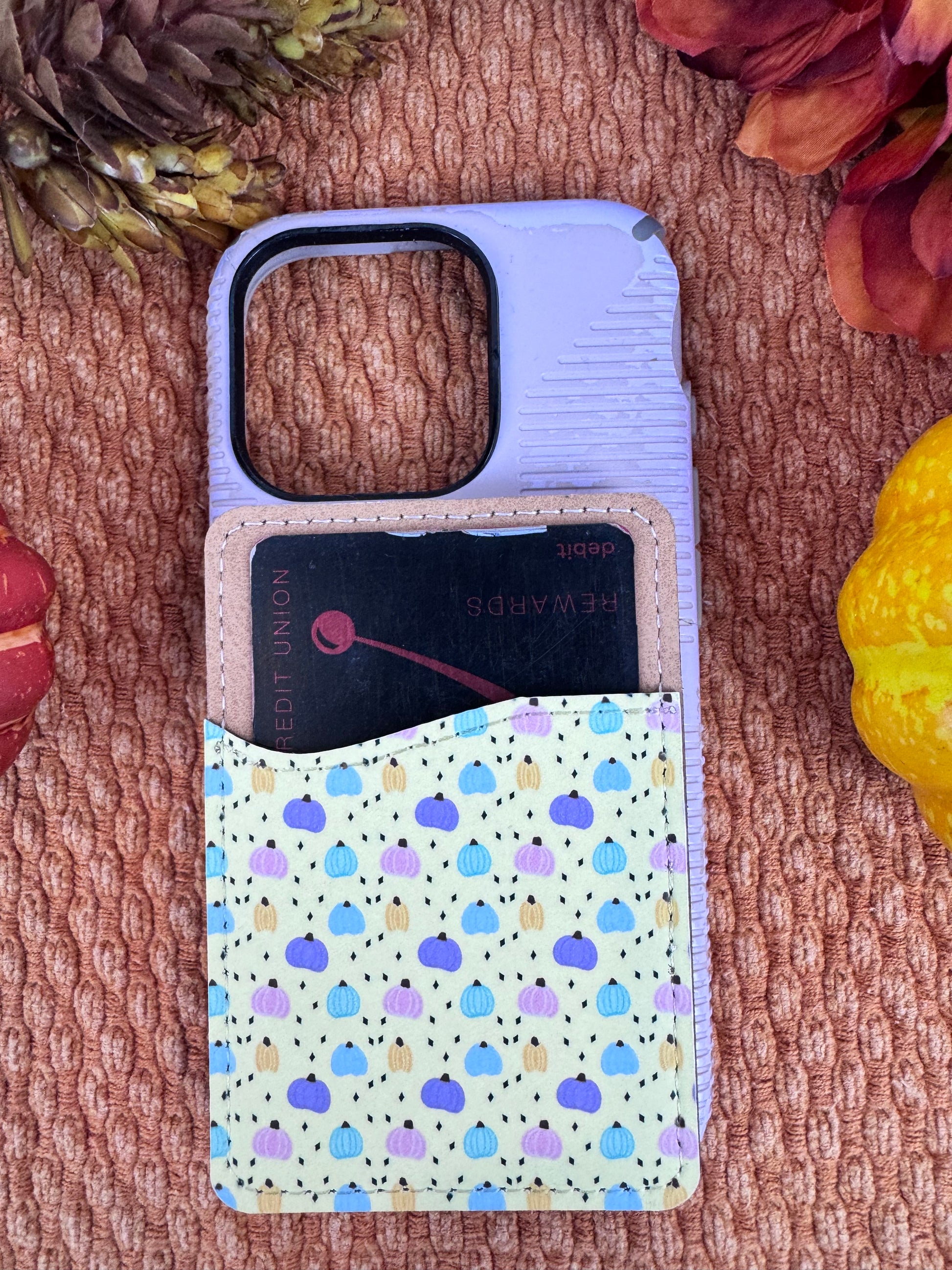 Handmade adhesive phone wallet with fall pumpkin pattern