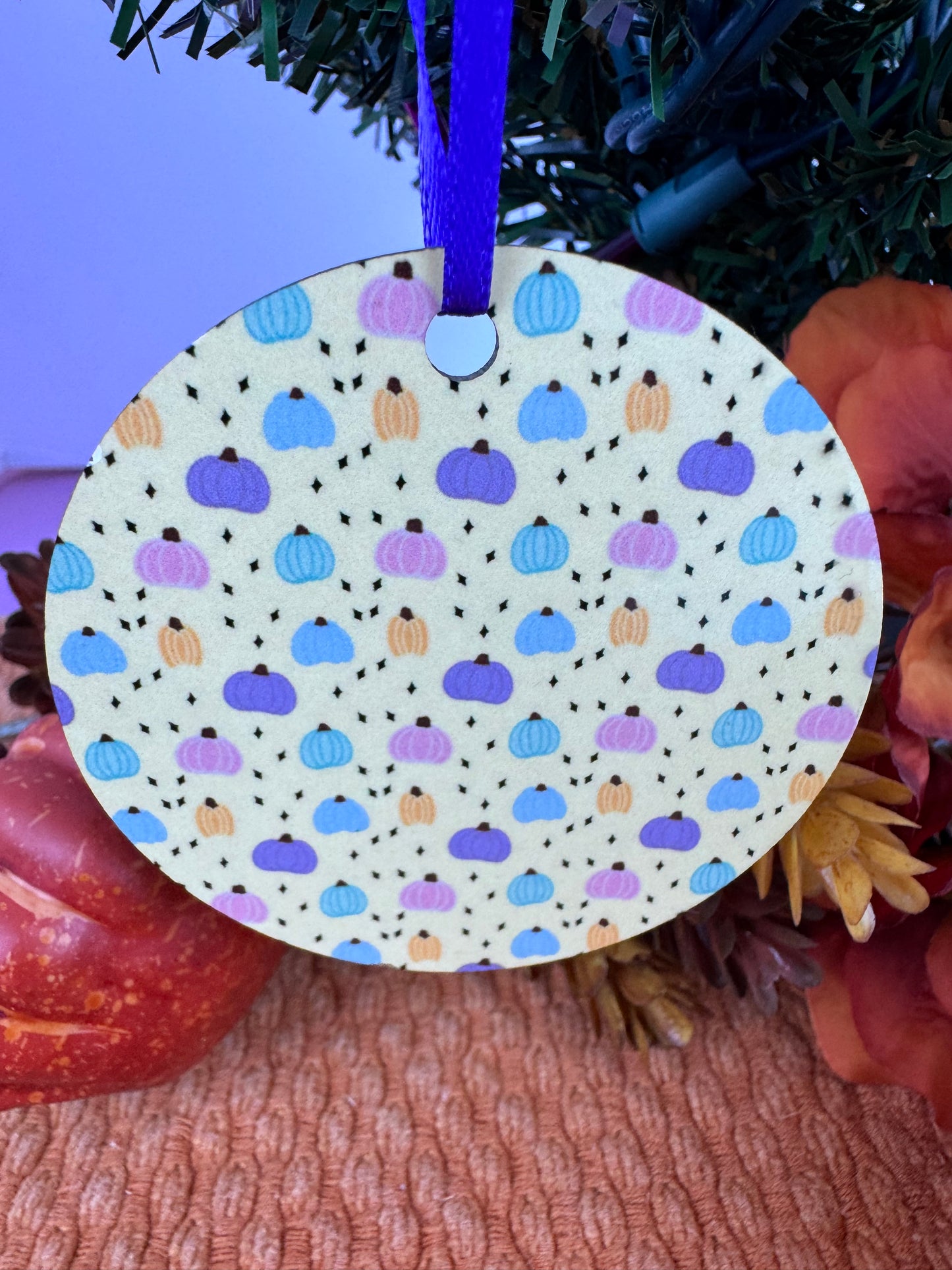 Pastel Pumpkin Ornament- Hand Drawn Fall MDF Ornament with Purple Ribbon, Warm Yellow Autumn Decor, Sublimated 2.75" Pumpkin Gift