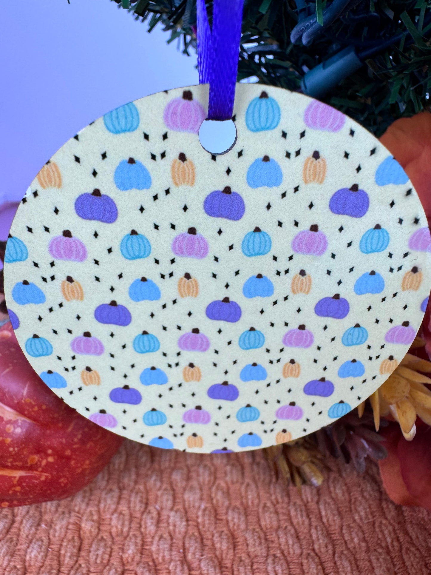 Pastel Pumpkin Ornament- Hand Drawn Fall MDF Ornament with Purple Ribbon, Warm Yellow Autumn Decor, Sublimated 2.75" Pumpkin Gift