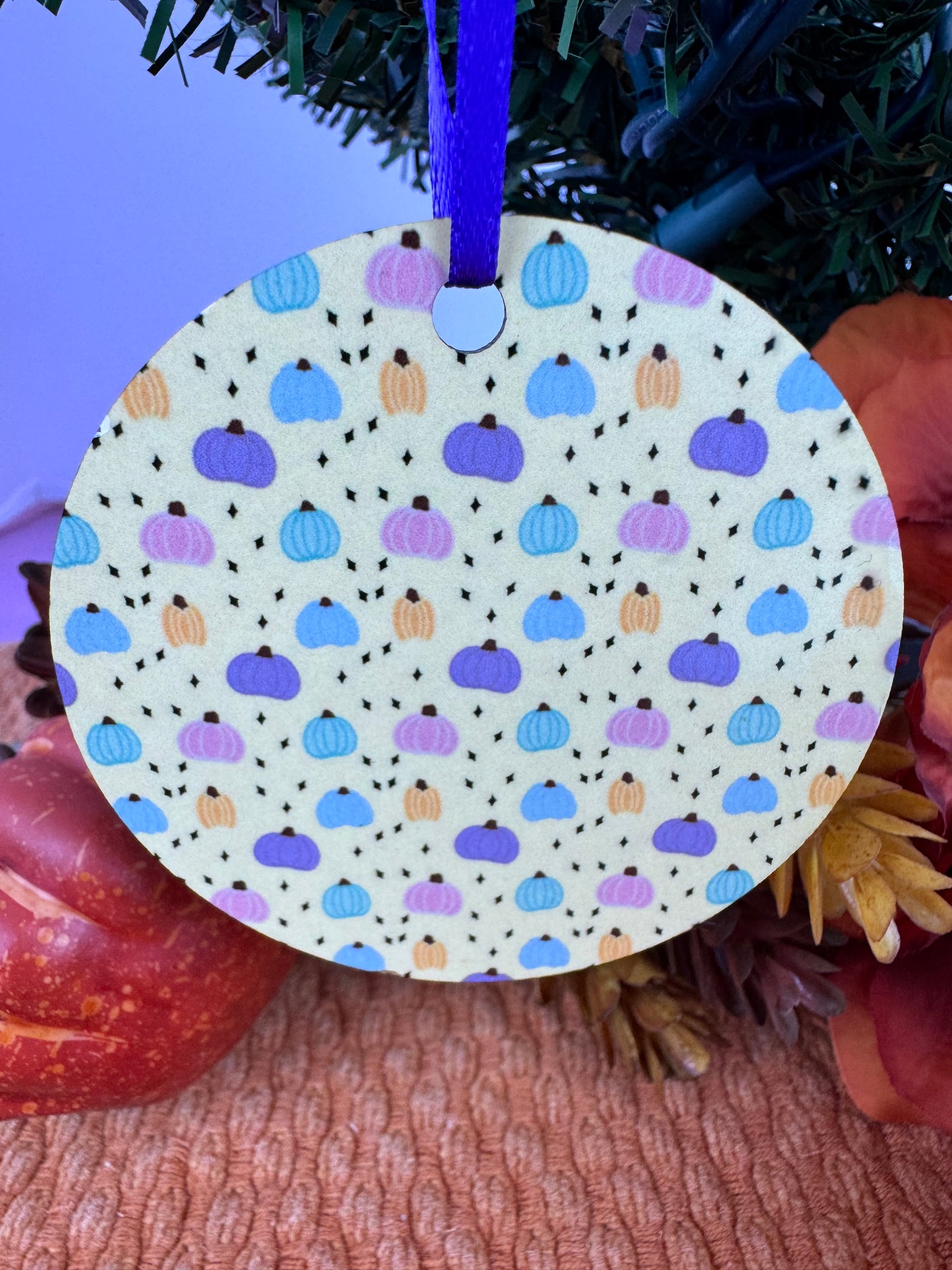 Pastel Pumpkin Ornament- Hand Drawn Fall MDF Ornament with Purple Ribbon, Warm Yellow Autumn Decor, Sublimated 2.75" Pumpkin Gift
