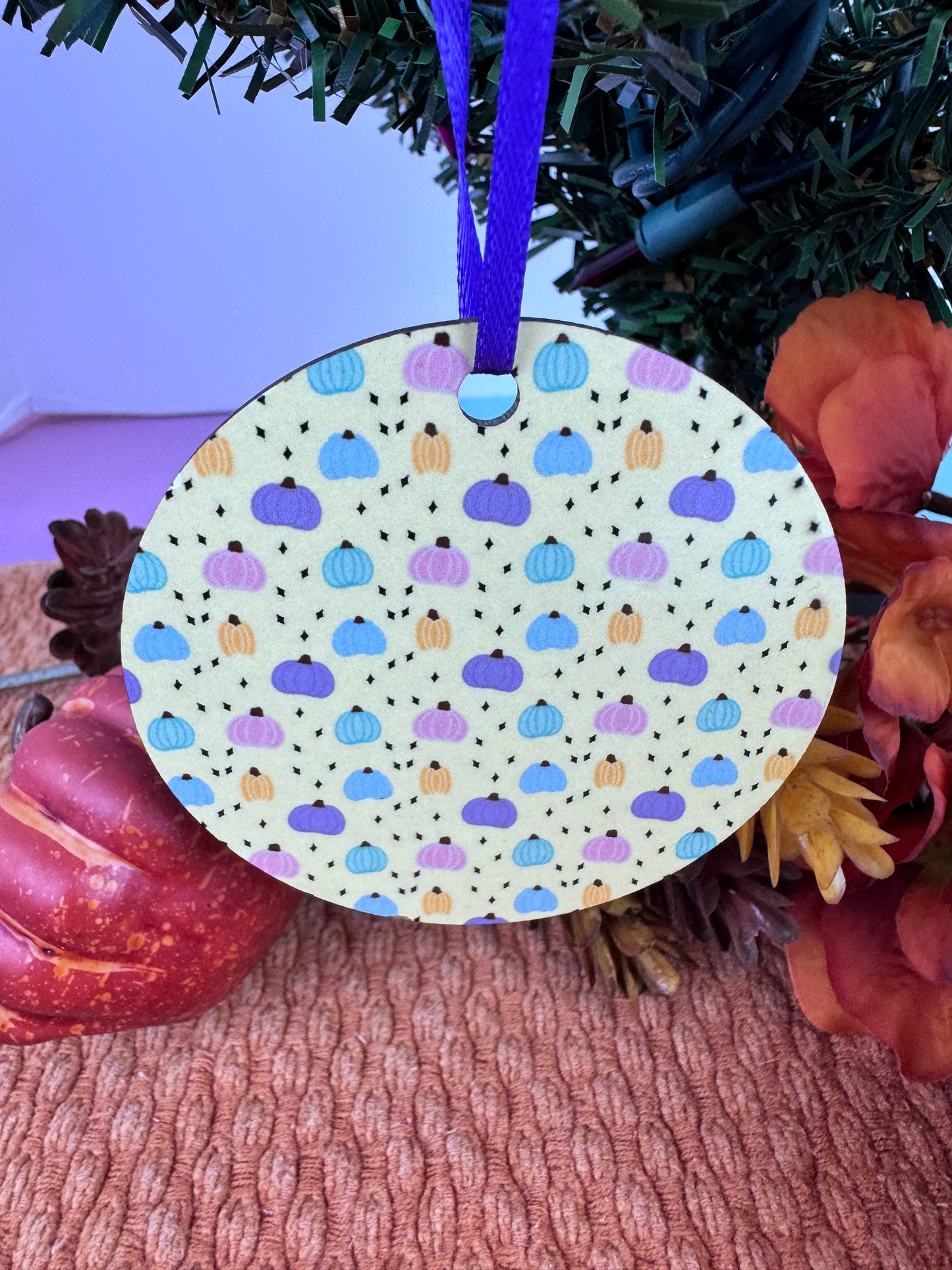Pastel Pumpkin Ornament- Hand Drawn Fall MDF Ornament with Purple Ribbon, Warm Yellow Autumn Decor, Sublimated 2.75" Pumpkin Gift